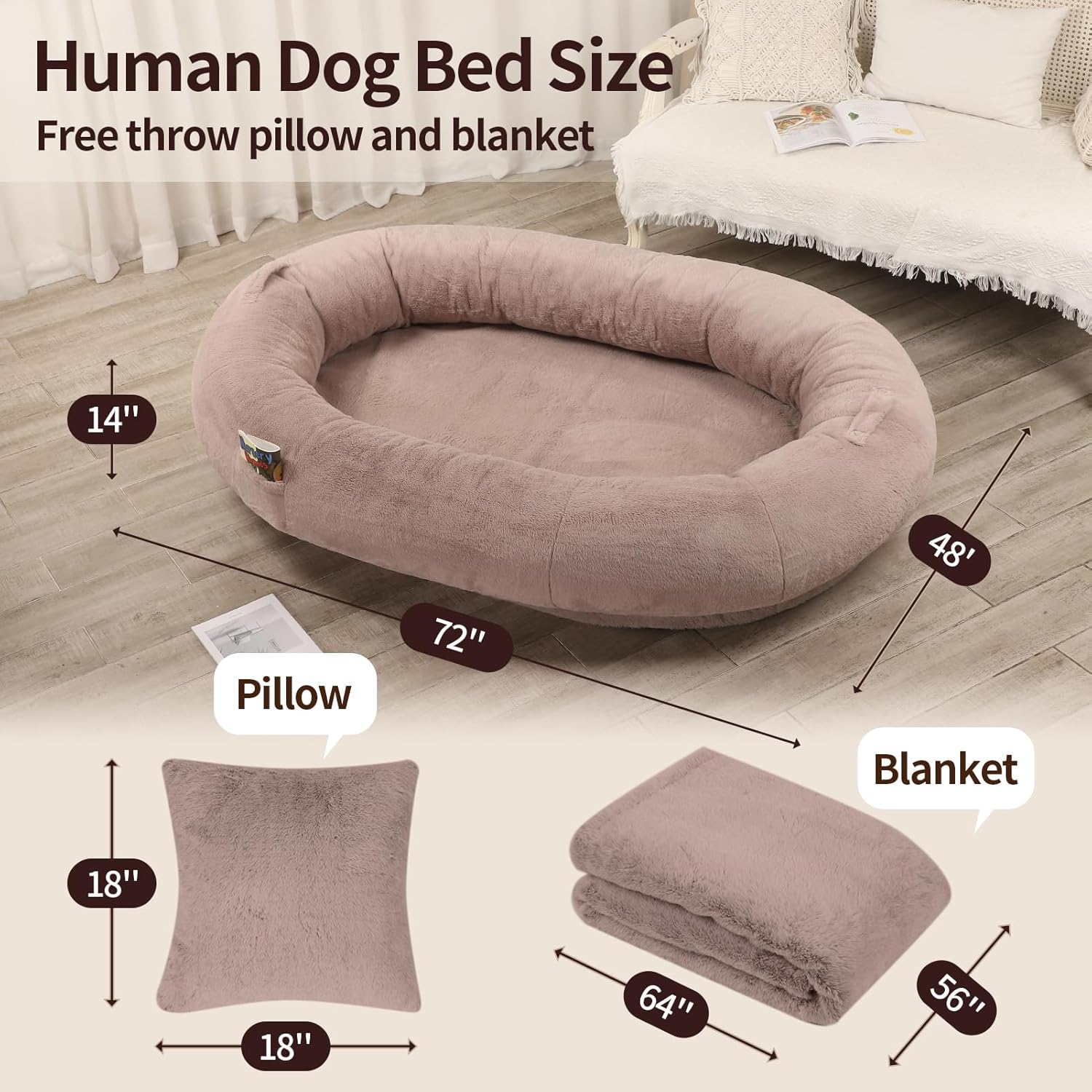 review Gaint Human Dog Bed for Adults, Calming Dog Bed Fits Pet Families with Fluffy Blanket and Pillow, Oval Anti-Anxiety Bean Bag Dog Bed, Brown