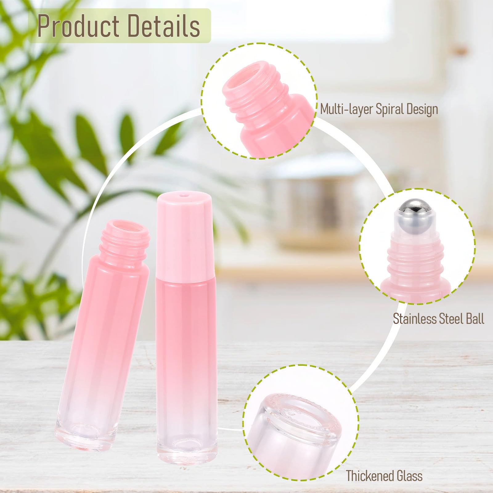 42 bottiglie di olio essenziale da 10 ml, per aromaterapia, con palline in acciaio inox, bottiglie per campioni di olio ricaricabile, colore rosa sfumato (apribottiglie e imbuto inclusi)