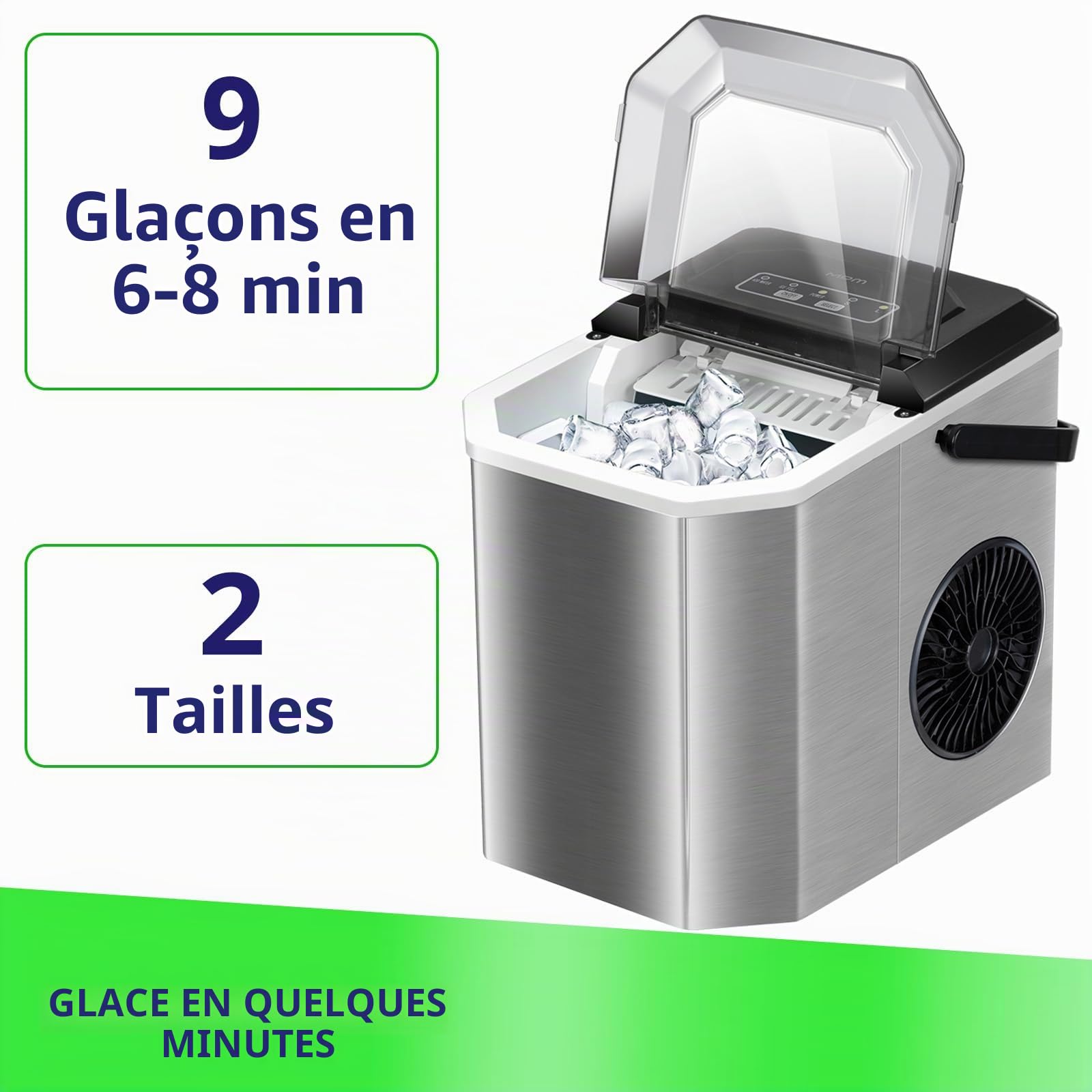 Machine à glaçons MPM – Portable en Acier Inoxydable avec Capacité de 12 kg – 2 Tailles de Glaçons au Choix – Fonction d’auto-nettoyage – Sans Raccordement à L’eau