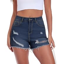 MARIASHA Women Ripped Distressed Denim Shorts Mid-High Waisted Jean Shorts | Stretchy, Trendy, Frayed Cute Jean Shorts for Women, Denim Shorts with Pockets, Summer, Casual