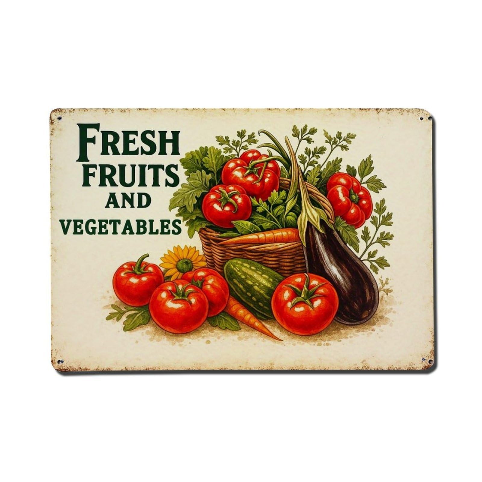 Jdfenggu Vintage Fresh Fruits And Vegetables Basket Retro Metal Tin Sign, Metal Poster For Bar, Home, Man Cave, Kitchen, Laundry Room Art Decor 8X12 Inch