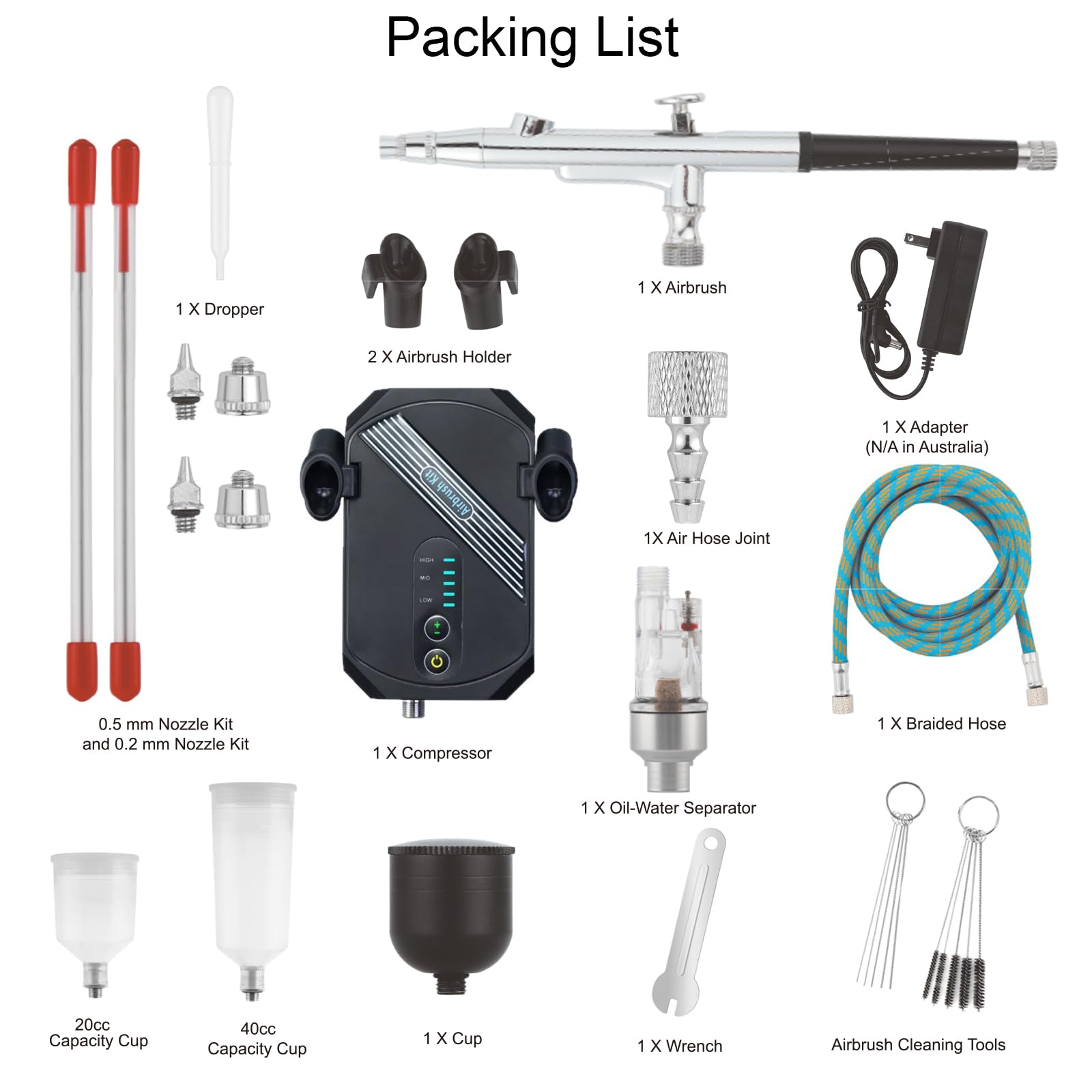 Kit compresseur aérographe avec buses de 0,2/0,3 mm et 0,5 mm, tuyau tressé, outil de nettoyage, séparateur d'huile d'eau, pistolet pulvérisateur, modélisme, peinture, tatouage, ongles