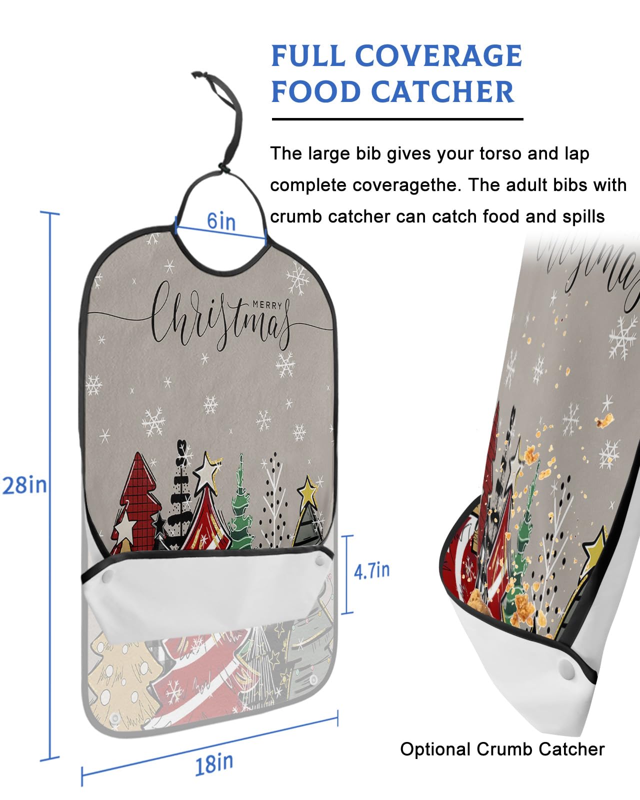 LEOKOTI Grey Christmas Tree Adult Bibs for Eating, Waterproof Bibs with Food Catcher & Adjustable Snap Closure, Red Green Beige Xmas Tree Snowflake Washable Clothing Protectors Adult Bibs for Elderly