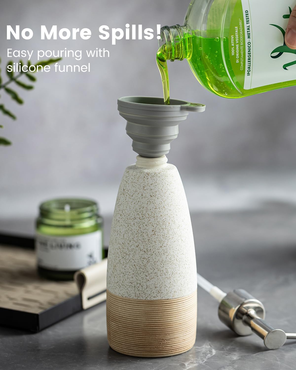 12oz Dish Soap Dispenser with 2 Pumps for Hand Soap, Shampoo, Lotion, Conditioner, Ceramic Refillable Soap Bottle with Silicone Funnel for Valentine's Day Bathroom, Kitchen, Speckled White - Image 4