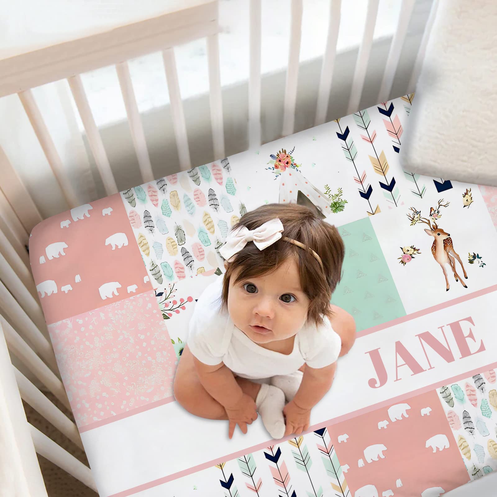 Personalized 3-Piece Baby Crib Bedding Set For Girls - Pink Bow, Dotted Blanket & Fitted Sheet
