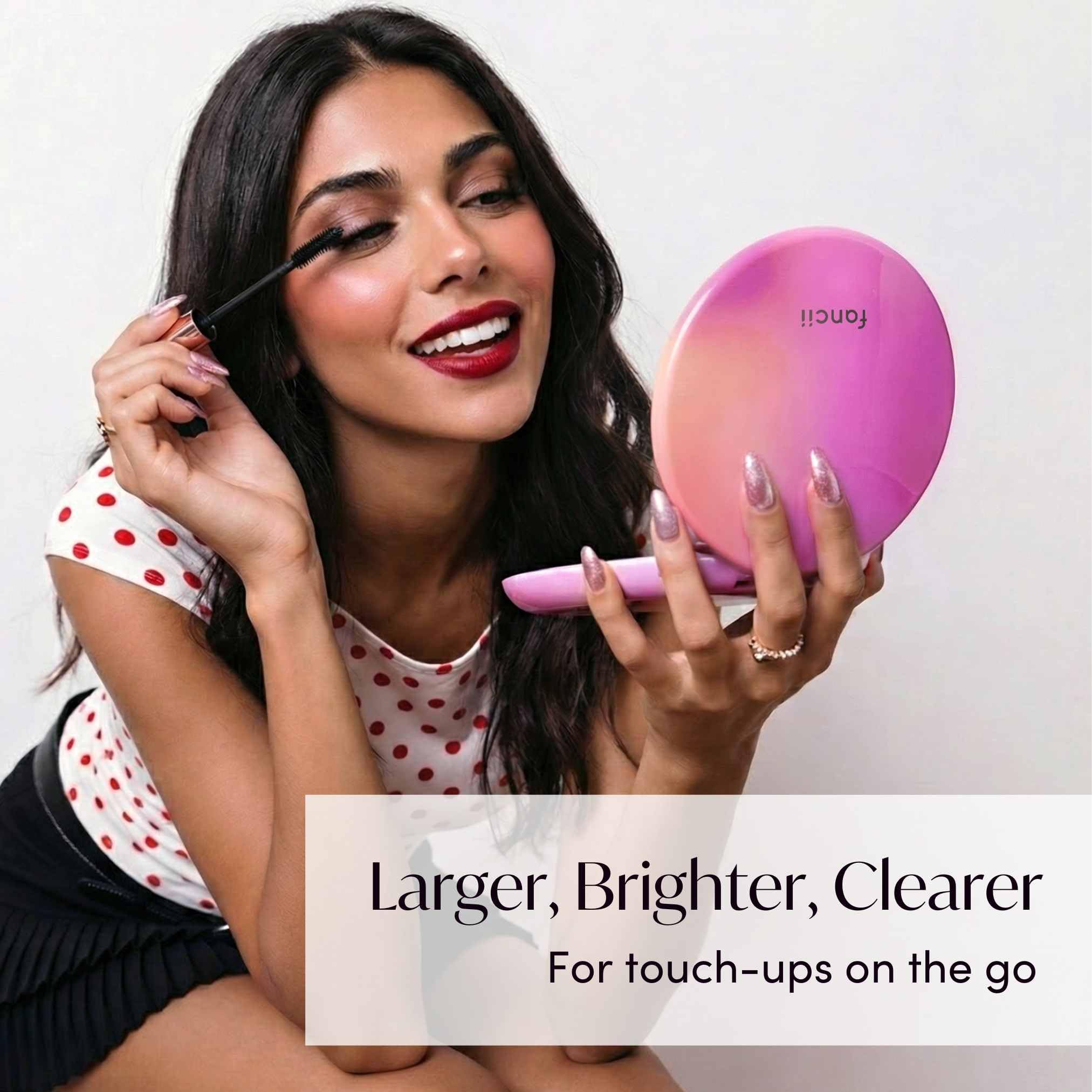 Condition photo showing New/Like New for fancii taylor led lighted travel makeup mirror, rechargeable, 10x /1x magnifying, tru-glow lighting system, xl large 5” wide | compact mirror for purses (berry lemonade)