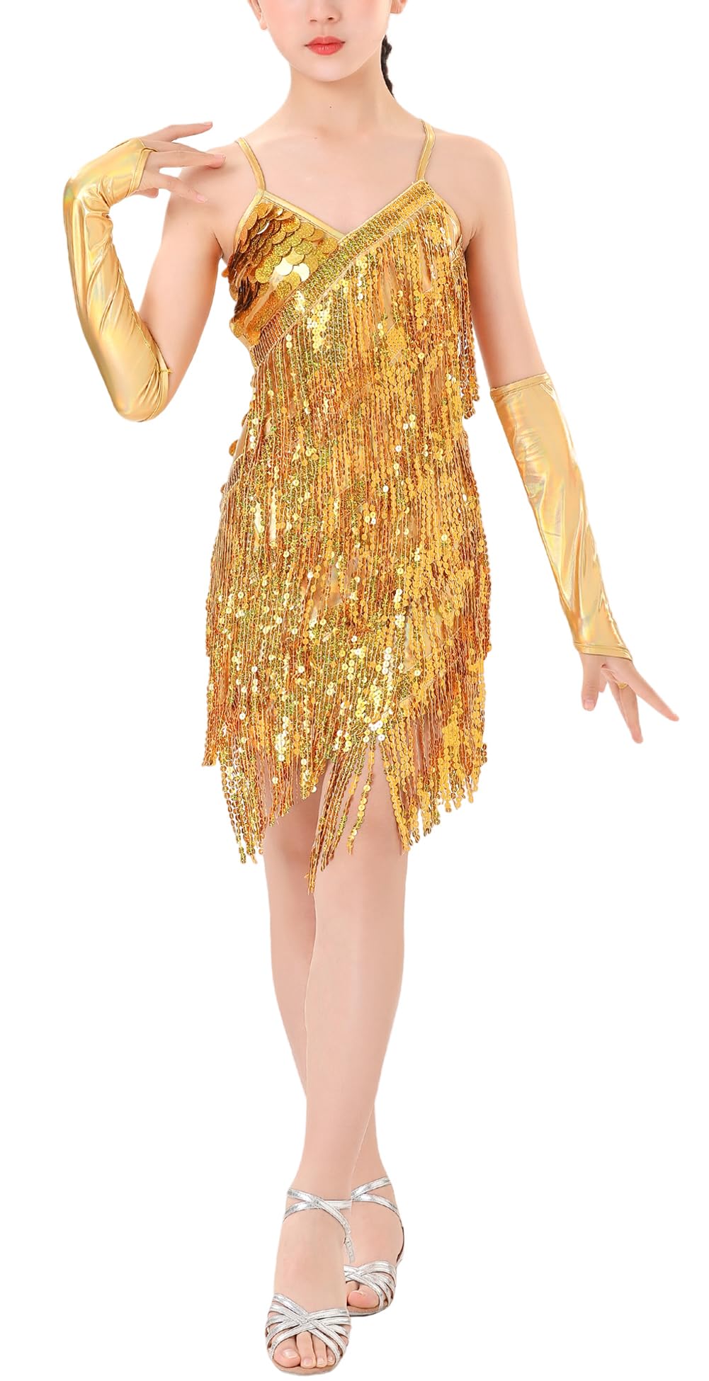 AIEOE Mädchen Latein Tanzkleid mit Handschuhen Latein Tanzkleid Mädchen Fransen Tanzkleid für Tango 5-13 Jahre