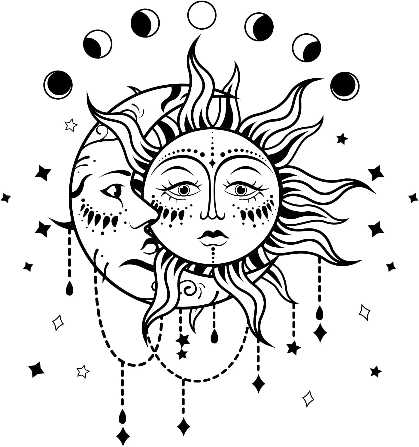 PLIGREAT Sun Crescent Star Moon Faces Wall Stickers, Waterproof Removable Vinyl Peel and Stick Wall Decals for Bedroom Living Room Boho Ethnic Wall Decorations Home Indoor DIY Wall Art Decor