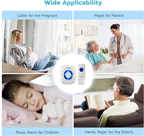 Miniatura 8 de PHYSEN Timbre inalámbrico con 3 receptores, 2 botones, kit de timbre de puerta impermeable para el aula en casa, funciona a un rango de 1300 pies,