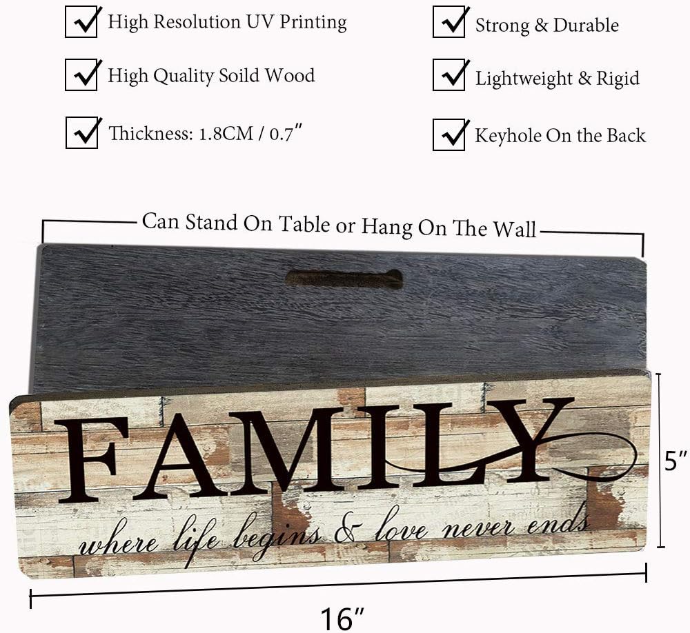 Wood Wall Decor Sign Family Wall Art Sign Home Inspirational Motto Printed Plaque Sign-Family, Where Life Begins and Love Never Ends 16"x5"-Wood Wall Decorations for Home Decor - Image 5
