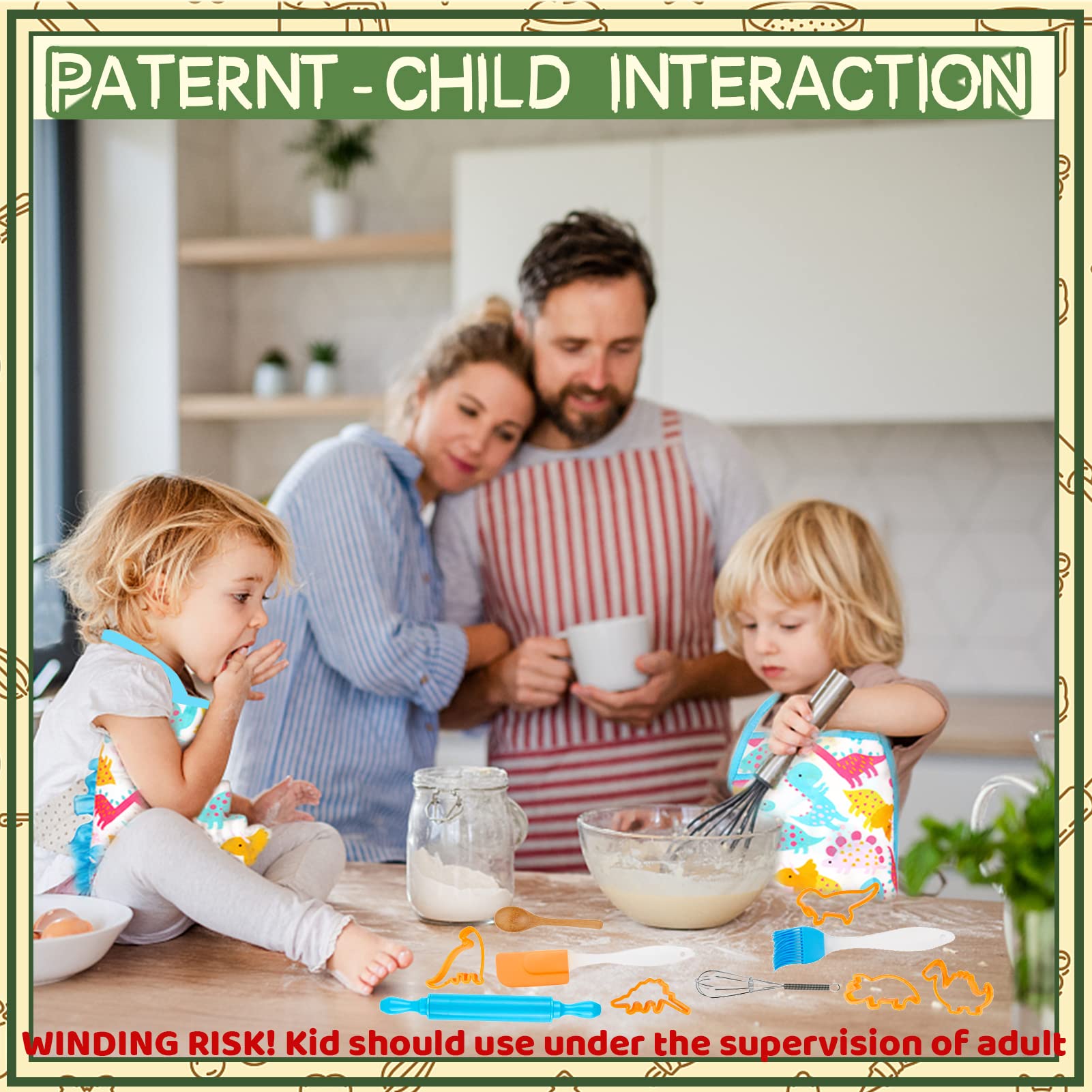 KAEGREEL Kids Baking Chef Set including Dinosaur Apron, 26pcs Kitchen Toys Kid Cooking Set including Chef Hat Spoons Whisk - Image 3