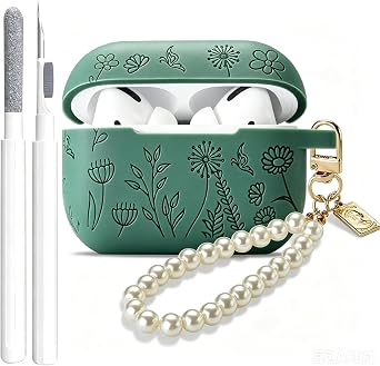 GARTOO Flower Engraved Case for Airpods Pro 2nd/1st Generation Case with Cleaner Kit, Silicone Airpod Pro Protective Cover with Luxury Pearl Keychain for iPods Pro 2/1 Case 2023 2022 2019, Pine Green