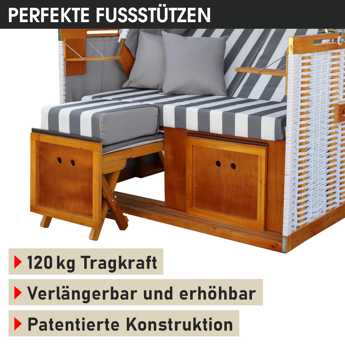 BRAST® Strandkorb Norderney Deluxe für 2 Personen | 120cm breit | 4 Designs | inkl. wetterfeste Abdeckhaube | verstellbare Rückenlehne Fußkissen | Grau/Weiß - gestreift