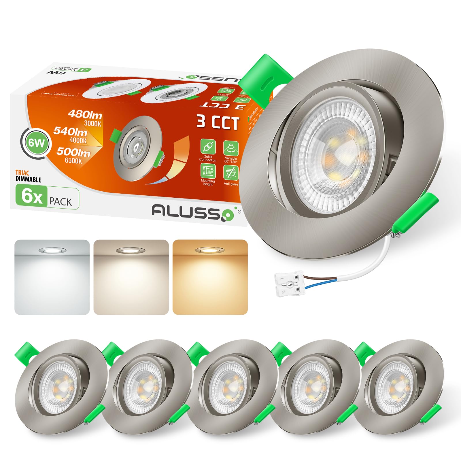 ALUSSO LIGHTING Spot LED Encastrable Nickel 6W 230V, 45° Pivotant Orientable, Trou Φ75-78mm, Dimmable Chaud 3000K Naturel 4000K Froid Blanc 6500K, 540lm Plafonnier Encastré, Lot de 6