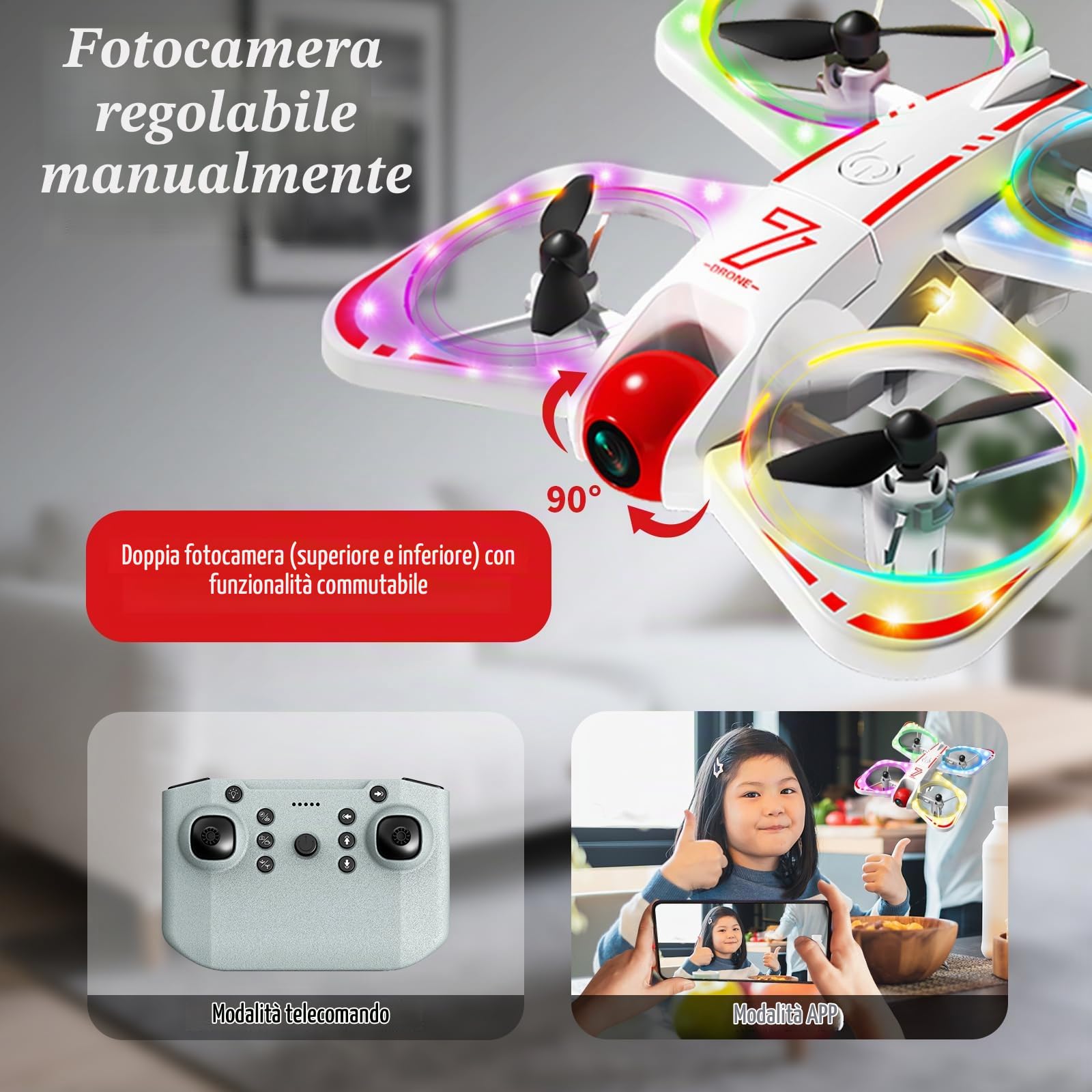 A ALPHA Mini Drone con Fotocamera 720P per Bambini, Micro Drone per Principianti, Quadcopter RC con Protezione Eliche, Flip 360°, Luci LED, Drone Giocattolo per Interno ed Esterno