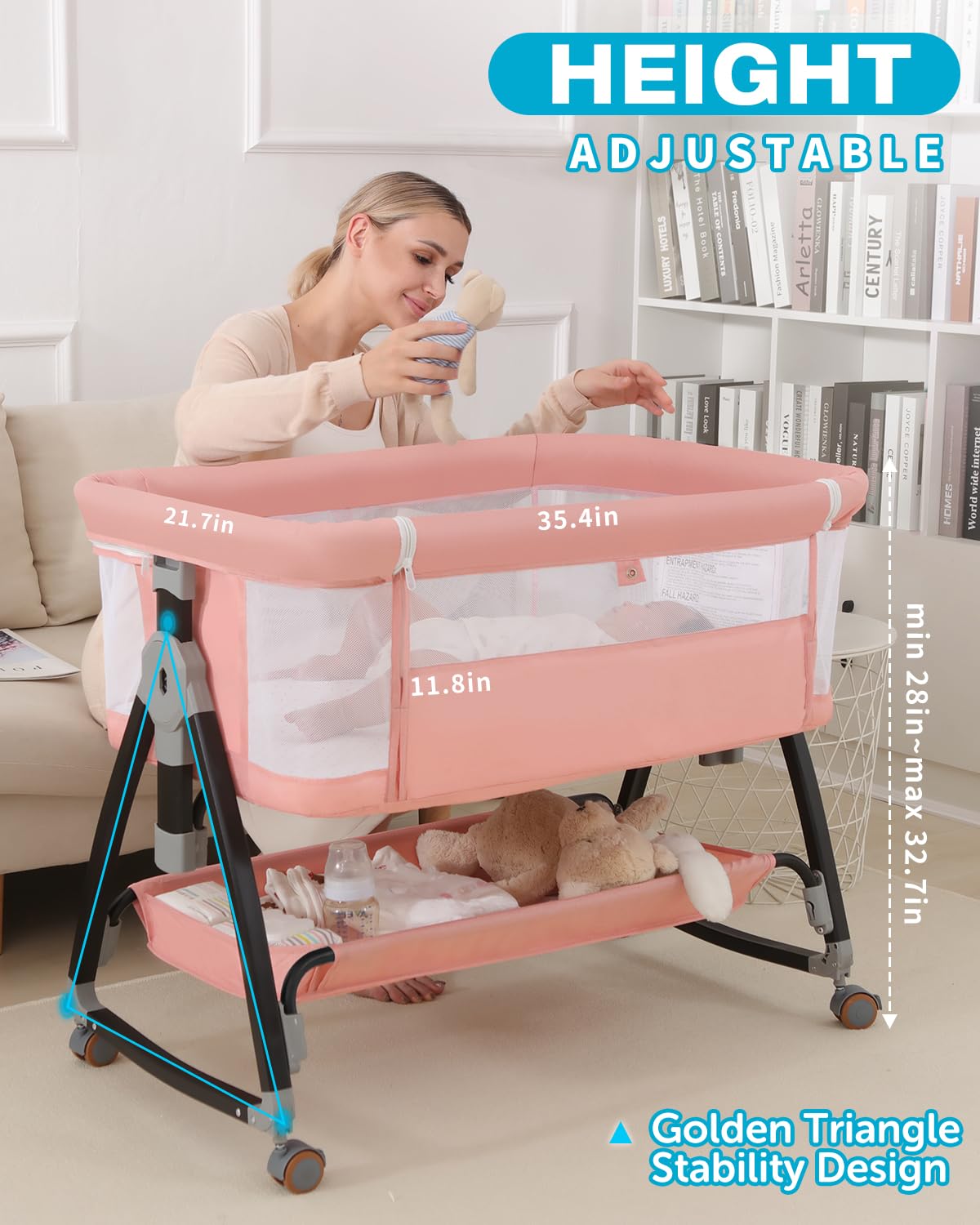 Bedside Bassinet for Baby, 3 in 1 Breathable Mesh Baby Bassinet, 6 Height Adjustable, Easy to Assemble, Bassinet Bedside Sleeper with Wheels, Mosquito Net, Storage Basket, Bassinets for Newborn Baby | Multi-functional — view 2