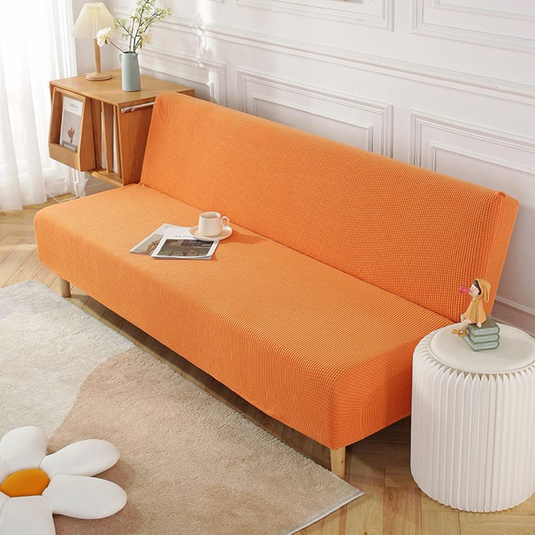 YOPOIY Armless Sofa Bed Cover Polyester Spandex Stretch Futon Slipcover Protector Thicken Rich Textured Full Folding Couch Shield Universal -orange-100-130cm