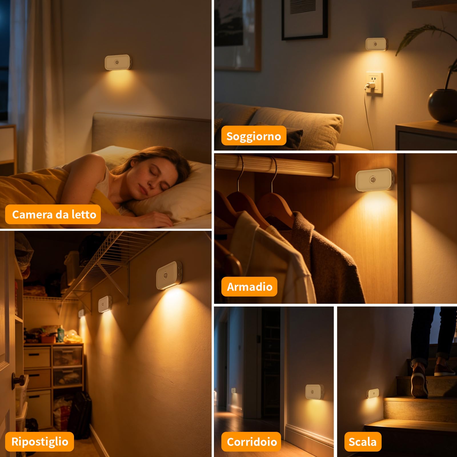 Luce Notturna con Sensore di Moviment, 4 Pezzi Ricaricabile Luci notturne Auto/Off/Night Modalità, Luminosità Regolabili, 2700K Bianco Caldo Luce Bambini per Scale Corridoio Camera da Letto Soggiorno
