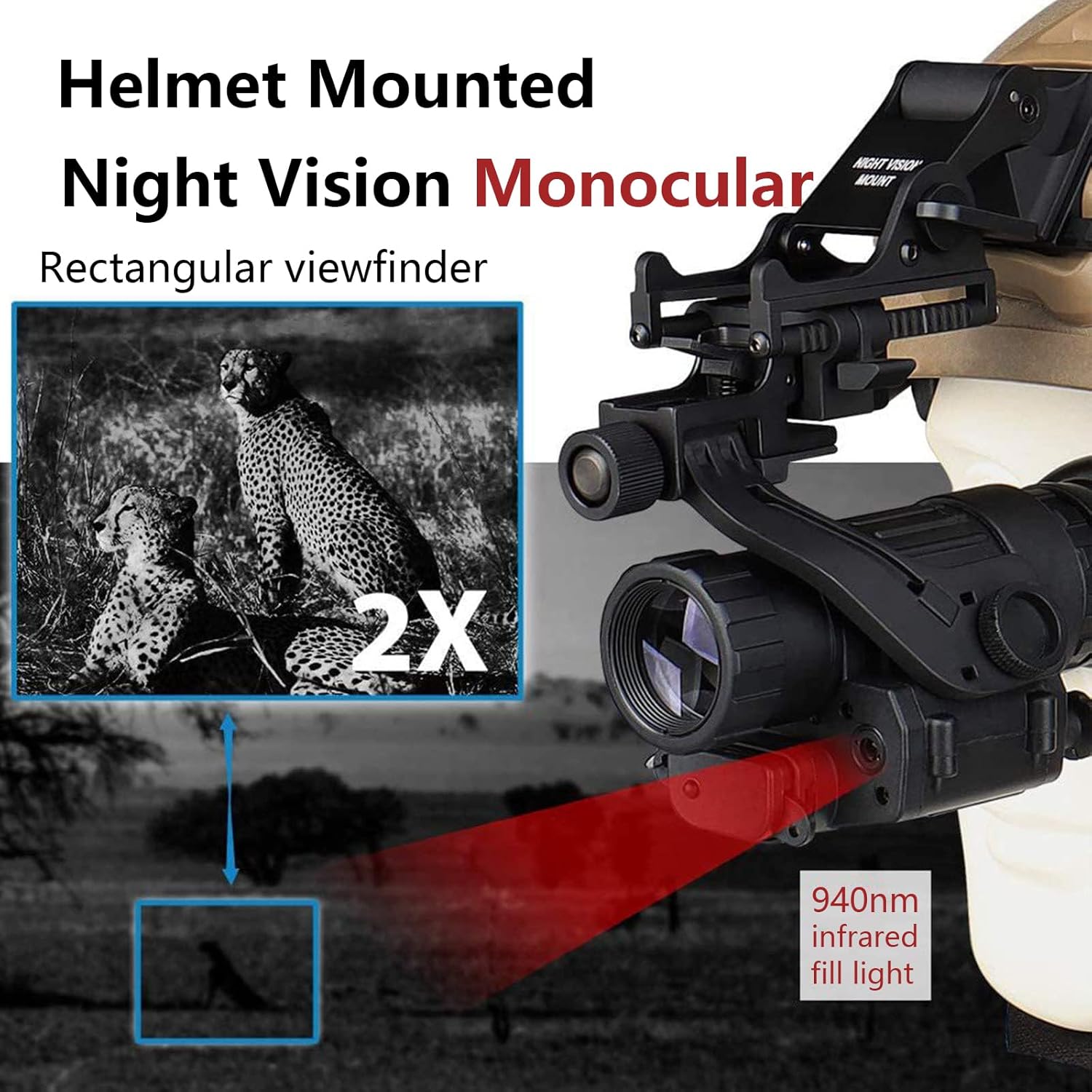 PVS-14 Helmet Mounted Night Vision Monocular, Infrared Night Vision Scope for Adults, 2X Magnification Night Vision Goggles for Camping & Surveillance