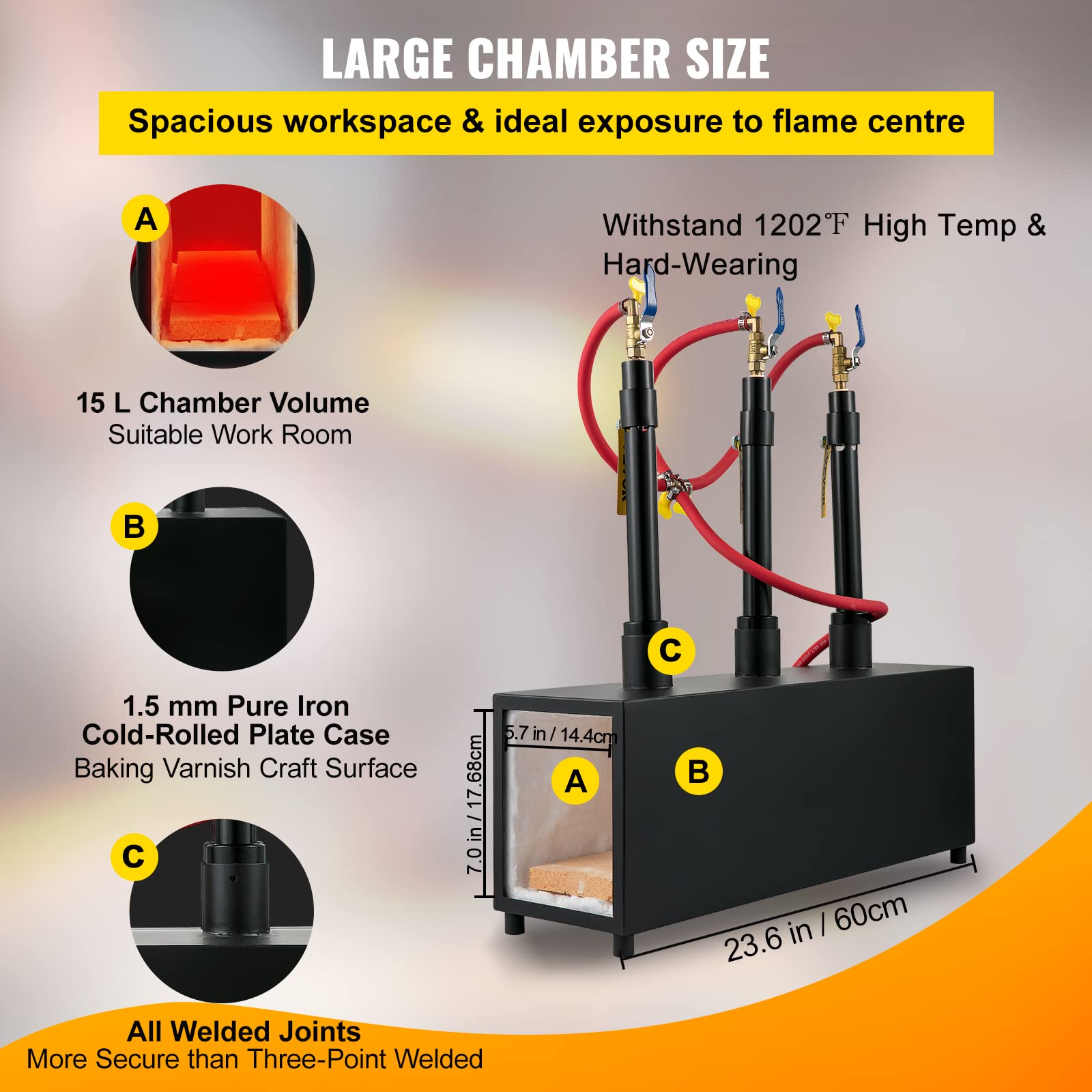 VEVOR Forge à Gaz Propane 15 L Four de Fusion Portable, avec 3 Brûleurs 4 Tuyaux de Gaz, 230,4 kW·h Chaleur Rapide Meilleur Effet d'Isolation pour Fabrication Couteaux Forgeage Métaux Noir