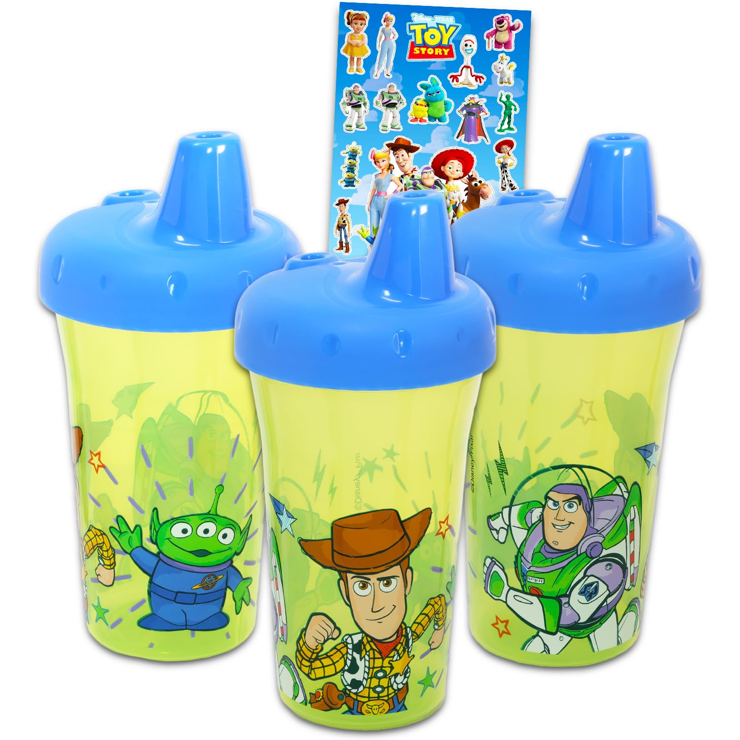 Disney Toy Story - Juego de vasos para beber Pixar de 9 onzas, paquete de 3 vasos a prueba de derrames, a prueba de fugas, sin BPA, vasos para beber más calcomanías para niños