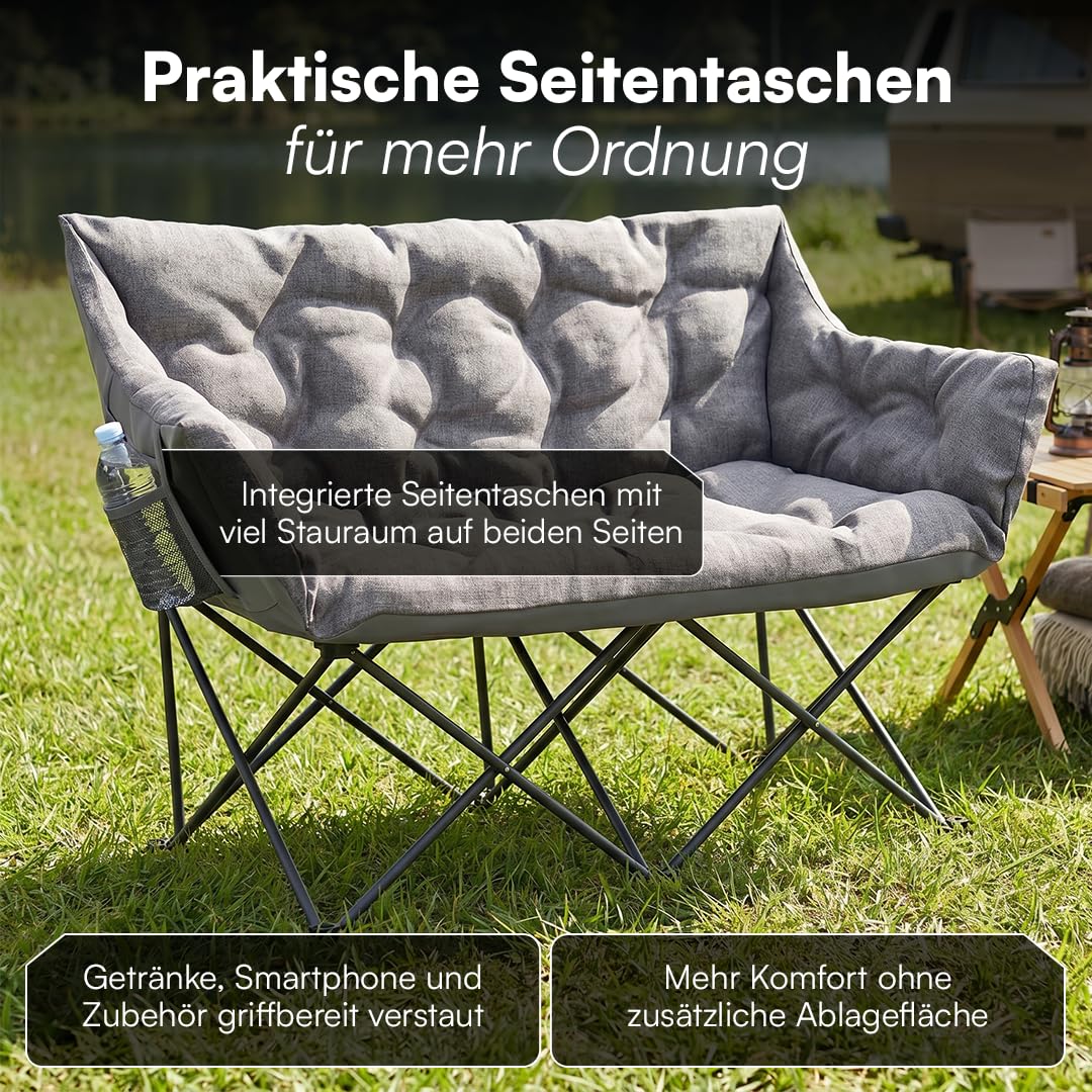 STEELSØN Hoggar Campingstuhl faltbar 2 Personen – Klappstuhl 134cm breit – Camping Sofa mit 2 Seitentaschen & Tragebeutel – Camping Couch 320 kg belastbar – Sitzbank Outdoor - dick gepolstert - grau
