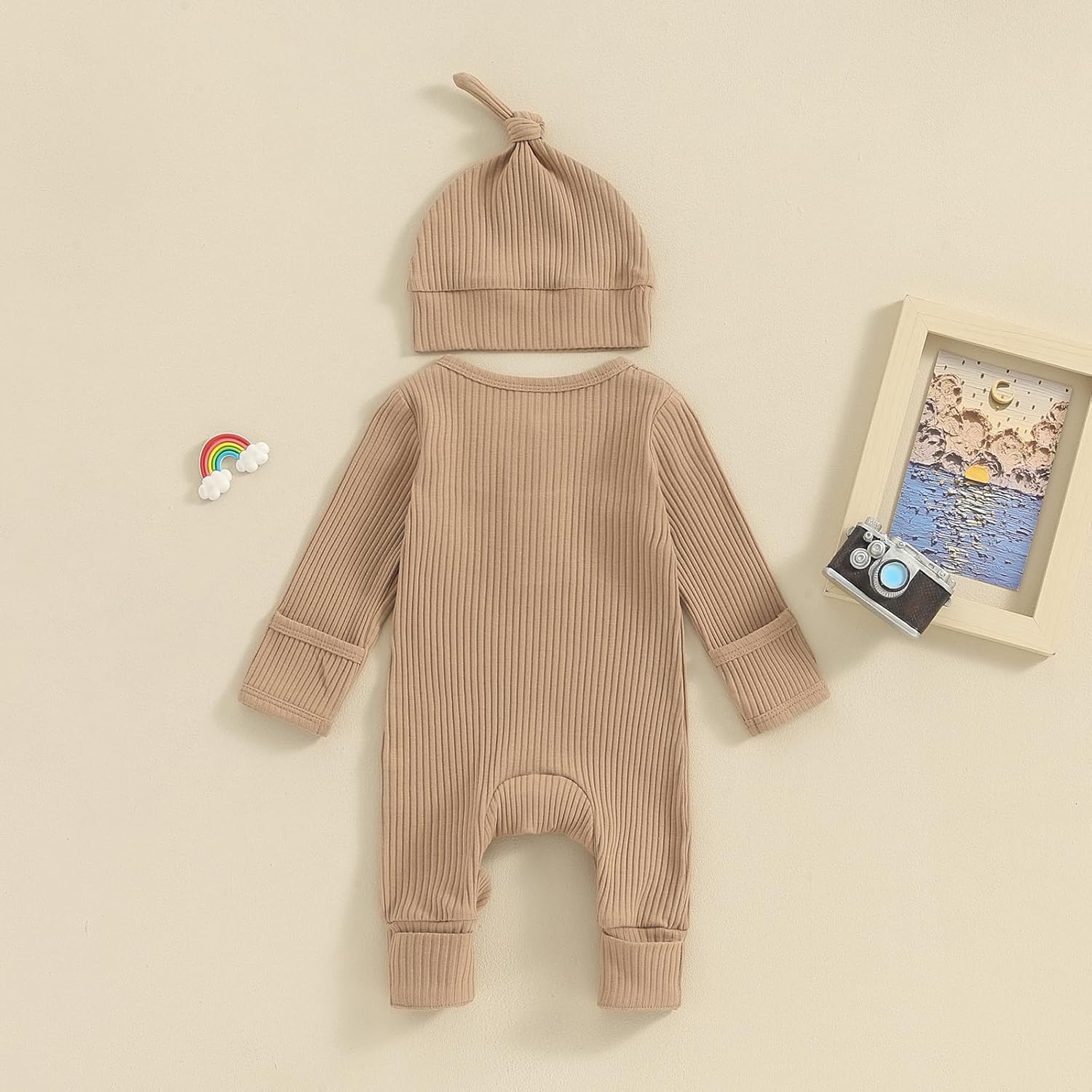 Infant Boys Girls Clothes Set Newborn Baby Romper Hat Ribbed Knit Long Sleeve Button Solid Bodysuit Jumpsuit - Image 7