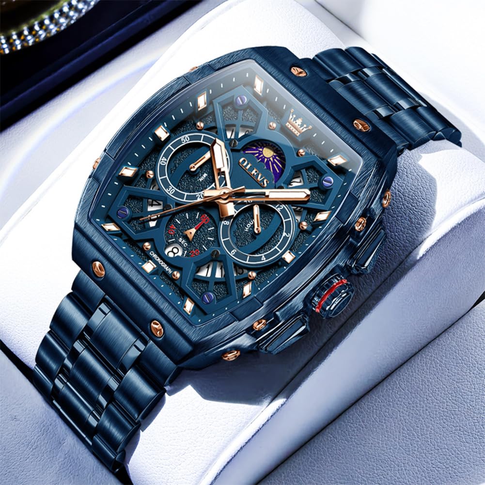 OLEVS Herren-Armbanduhr, modisch, analog, Quarz-Armbanduhr für Herren, rechteckig, großes Zifferblatt, Edelstahl-Uhrenarmband, wasserdicht, Militäruhr, Kalender, Datum,