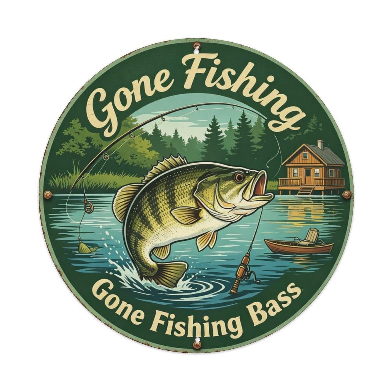 Gone Fishing Bass Metal Tin Sign Plaque