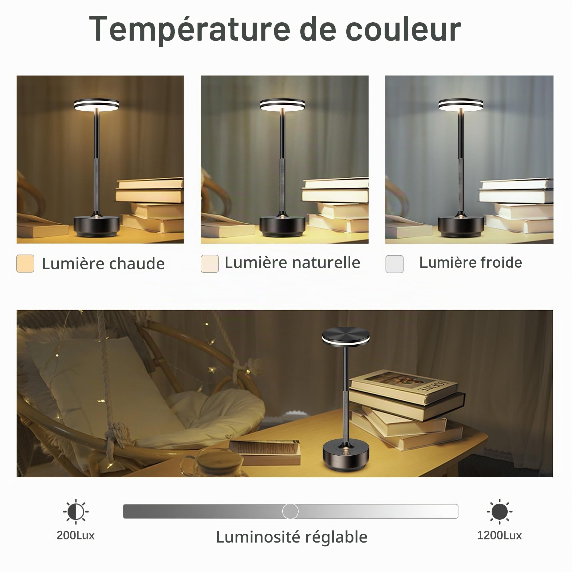 Hapfish lampe de table LED tactile sans fil 5000mAh batterie rechargeable 3 températures de couleur IP54