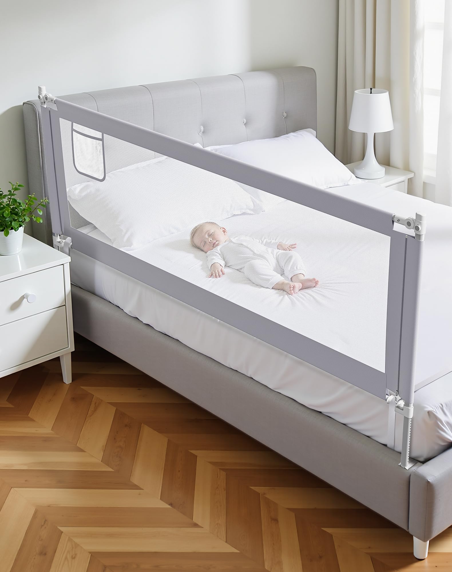 Lertantri Bettschutzgitter Hellgrau 200cm, Rausfallschutz Boxspringbett, Höhenverstellbar, Mit Befestigungsgurten, Ohne Werkzeug Montage (1 Stück) - 2