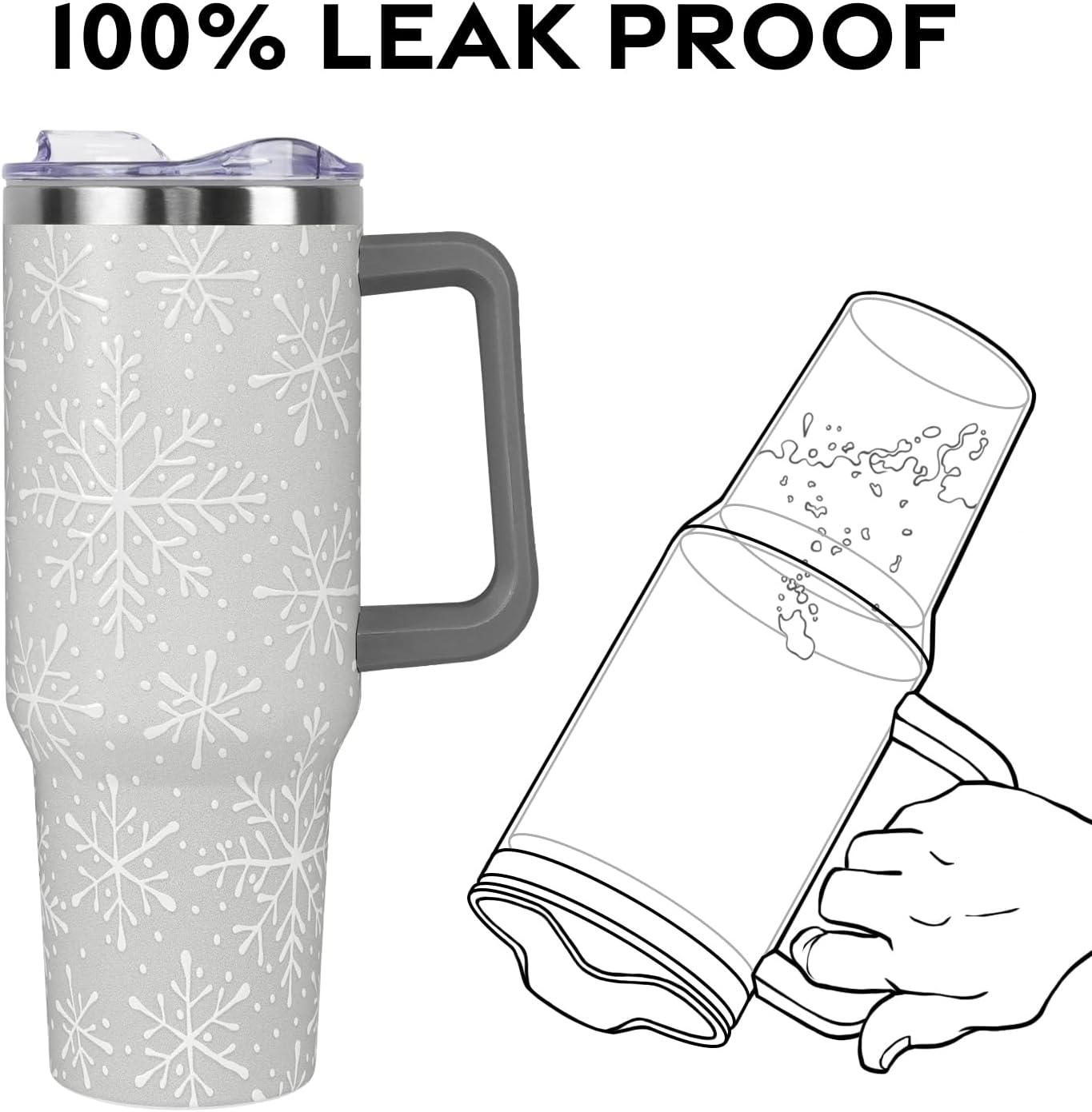 Christmas Tumbler with Handle and Straw Lid 40 oz,5D Cute Christmas Gifts for Women Gray Snowflakes Vacuum Insulated Leak Proof Tumbler,Winter Holiday Accessories Stainless Steel Coffee Cup Mug - Image 4