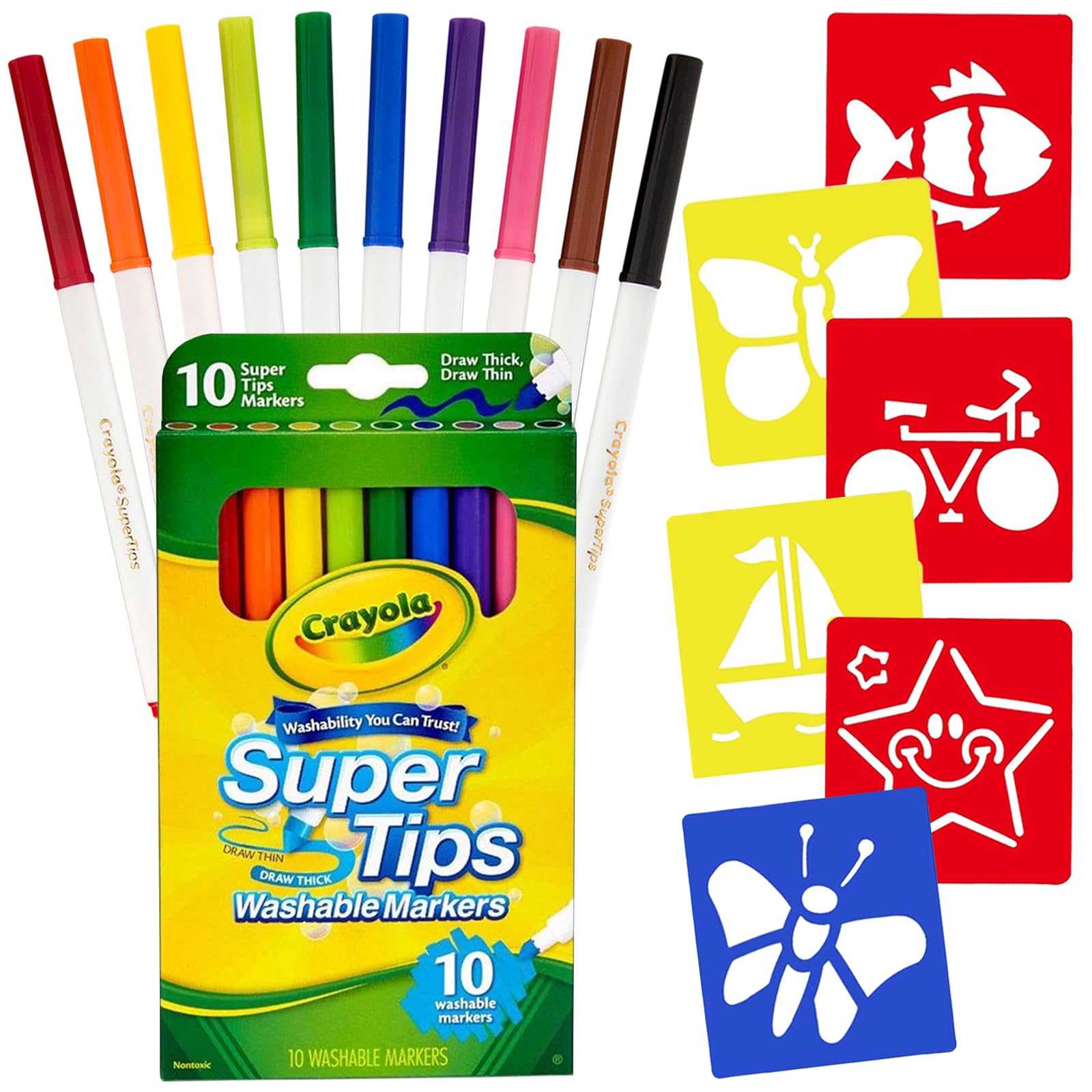The Mega DealsSuper Tip Markers, 10 Washable Markers for Kids, Multicolor, Perfect for Arts and Crafts, Includes 4 Stencils