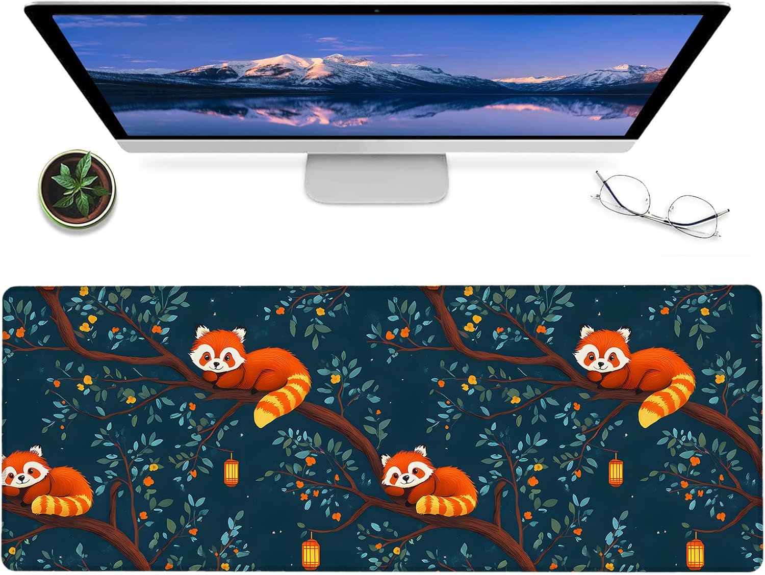 Cute Panda Gaming Mouse Pad,12x31.5in Non-Slip Rubber Animal Desk Mat,Large Extended Mousepad for Office Home Laptop,Mice Pads Gifts,Game Lover Deskmat Decor (Red Panda Dark Blue)