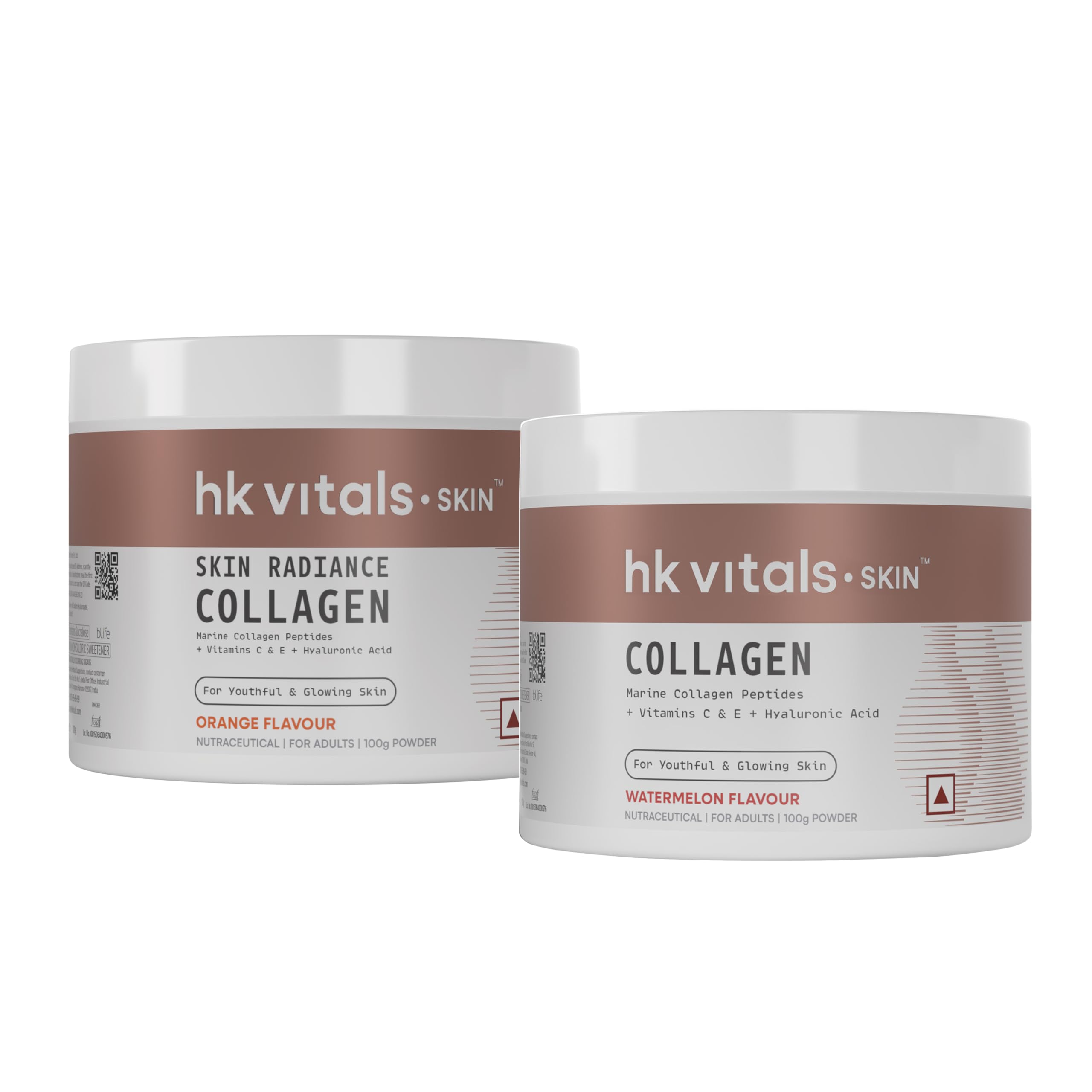 HealthKart HK Vitals Skin Radiance Collagen Powder (Orange & Watermelon, 2 x 100 g) | Marine Collagen Supplements | Biotin, Vitamin C & E | Combo Pack