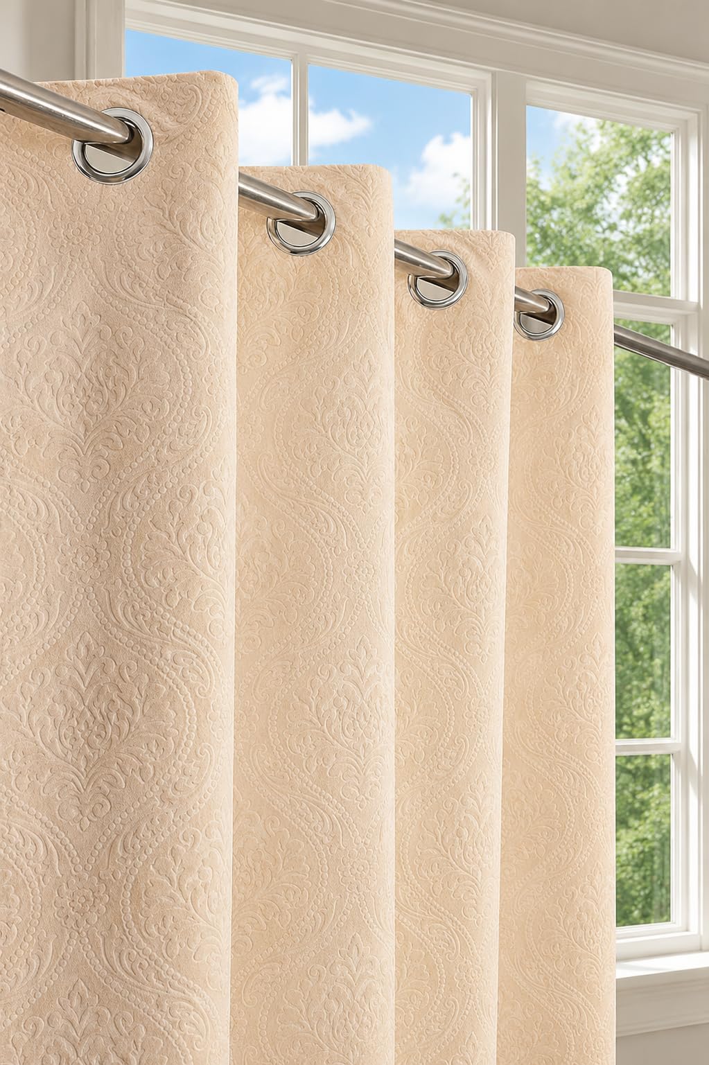 Velvet Embossed Curtains - 7 Feet Long, Cream -1 Velvet Embossed Curtains - 7 Feet Long, Cream -1
