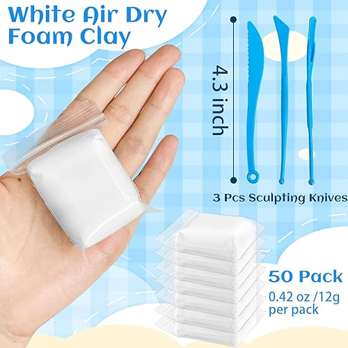 Miniatura 2 de Paquete de 50 arcillas de espuma blanca al aire seco, arcillas moldeables suaves y ligeras de 21 onzas con 3 cuchillos para esculpir para niños,