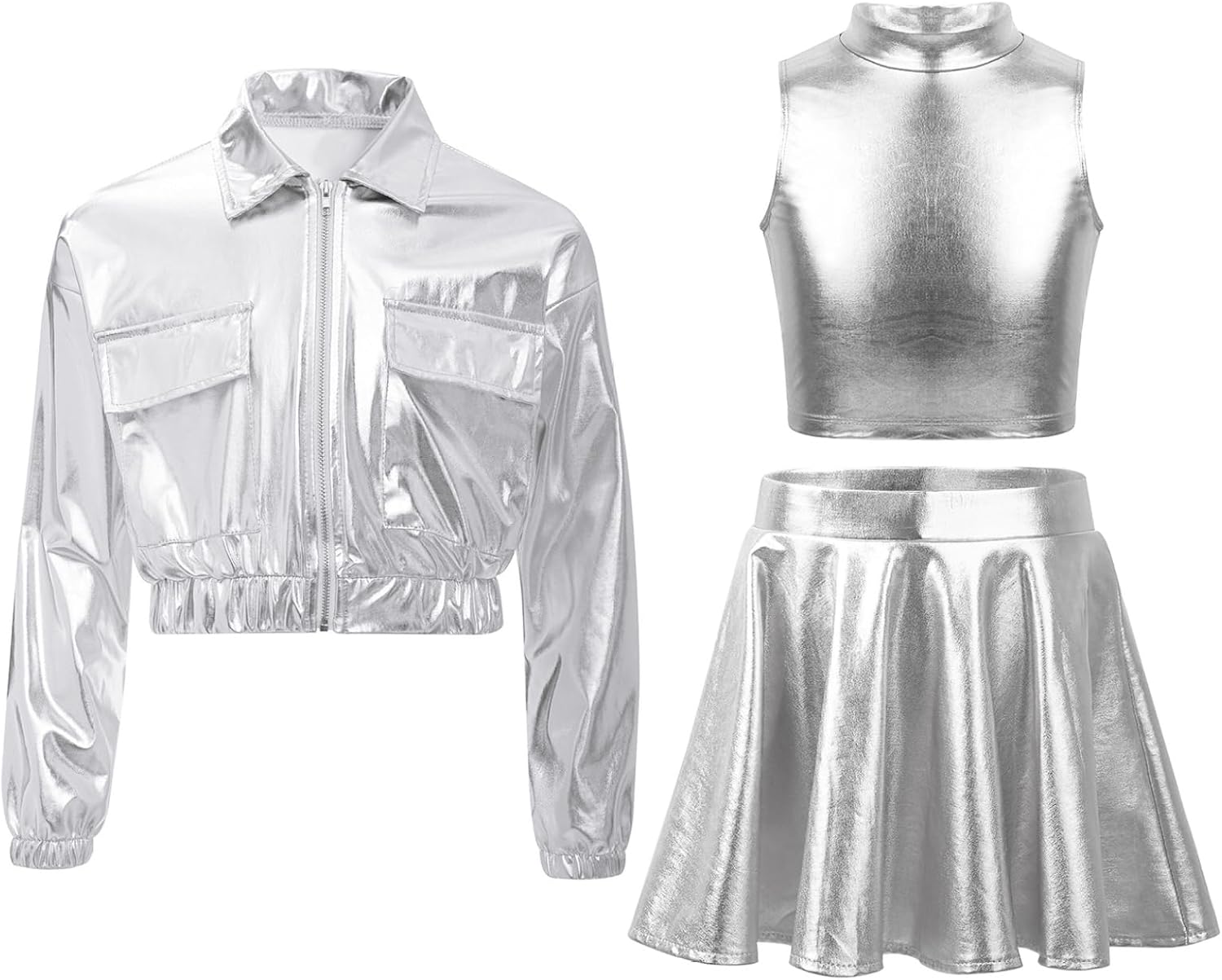 Girls Metallic 3 Piece Dance Outfit Bomber Jacket Crop Tank Top Skater Skirt Shiny Hip Hop Jazz Dancewear
