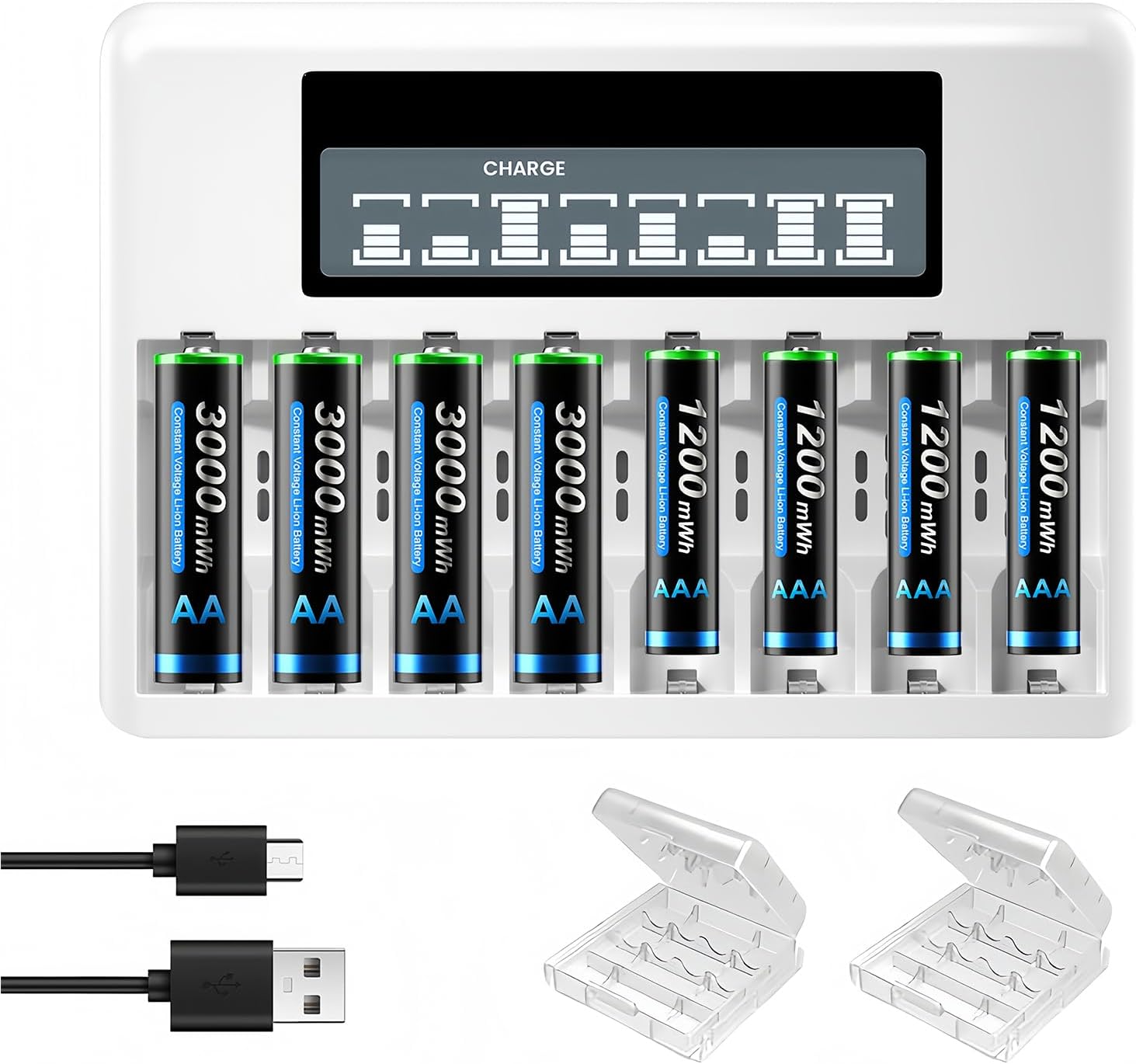 Rechargeable AA AAA li-ion Batteries, 4 Pack AA3000mWh and 4 Pack AAA1200mWh 1.5V Rechargeable Batteries, 1200 Cycles 2H Fast Charging AA AAA Household Battery