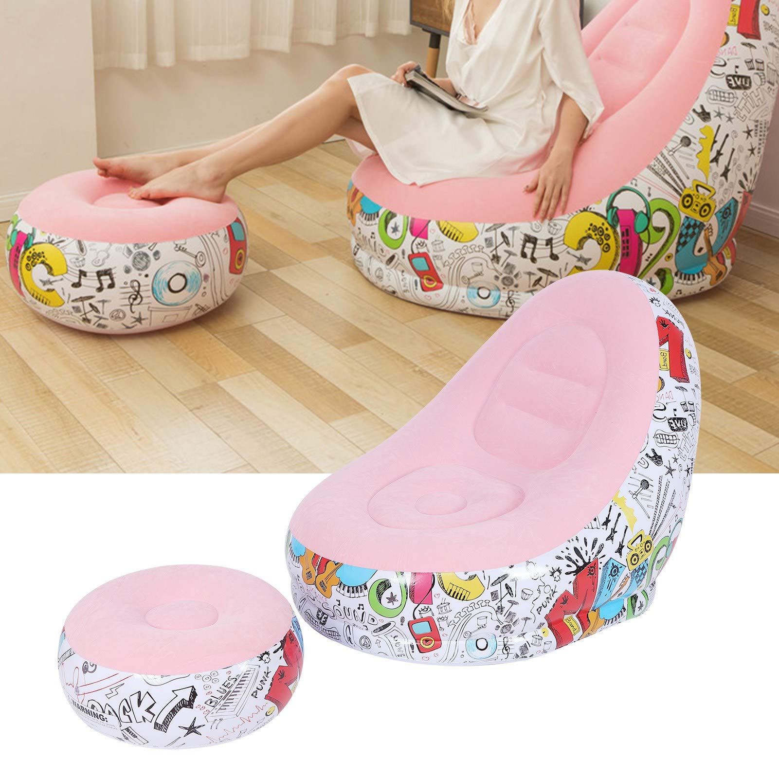 Inflatable Sofa, Elastic Inflatable Lounger, Portable Non‑Slip Comfortable Leisure Lounger with Footstool for Living Room Balcony(Macaron Pink, 116 * 98 * 83cm)'-image-9