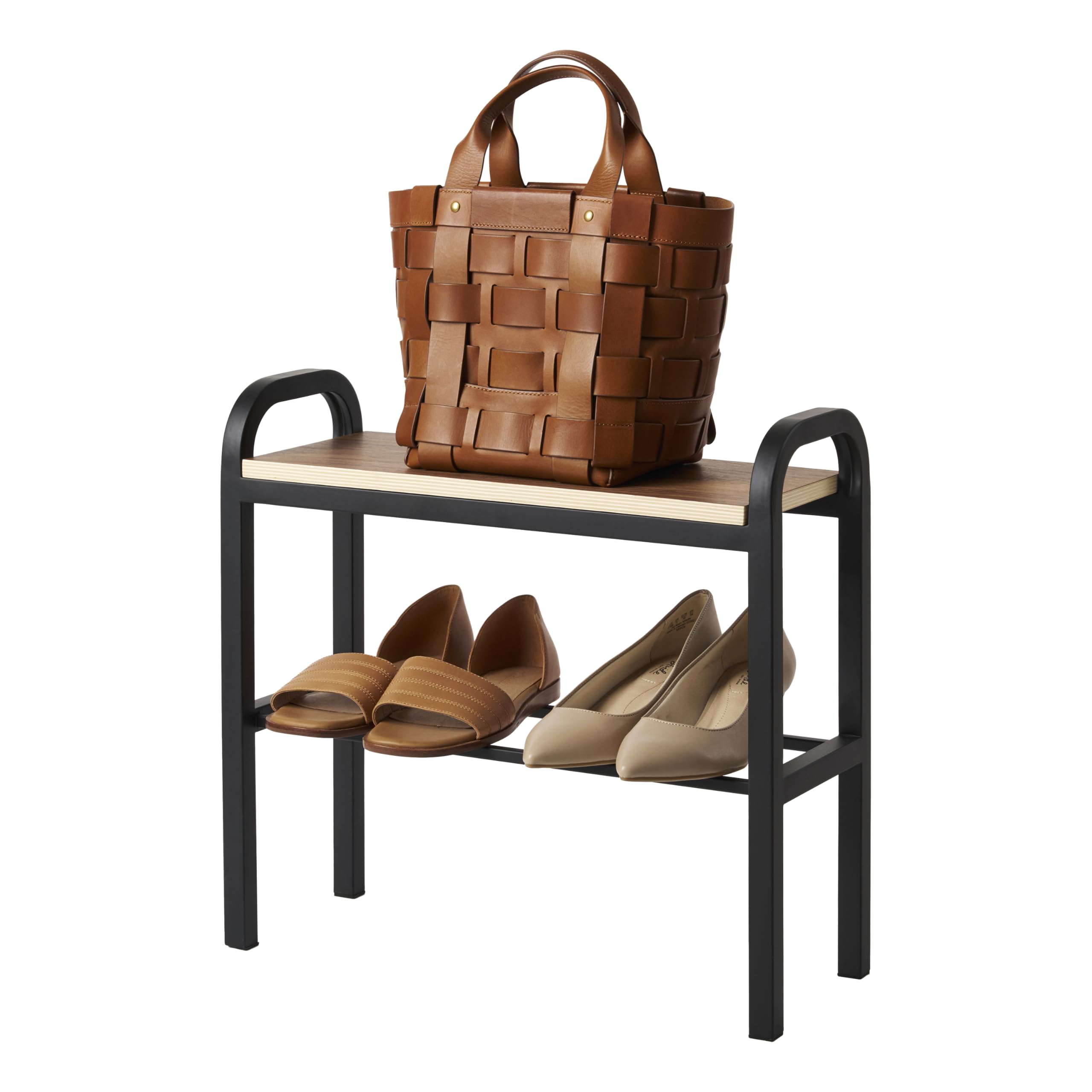 Yamazaki Home Tower Shoe Organizer Rack with Wooden Bench Top, Storage Table for Entryway with Handles, 18" - Steel + Wood - Holds 4 Pairs of Shoes