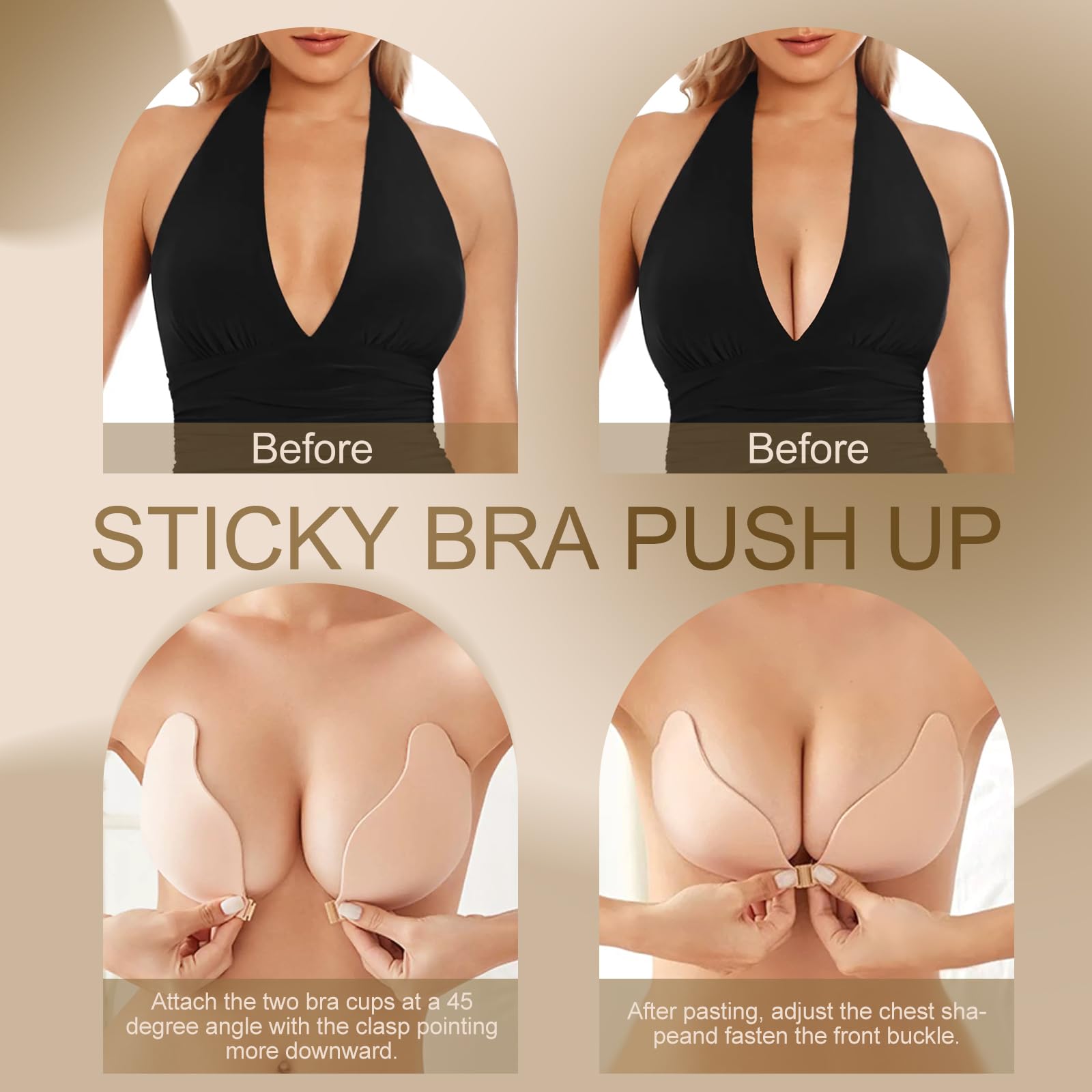 Sujetador Adhesivo Push Up, 2 Piezas Sujetador Invisible Reutilizables con Nipple Cover Sujetador Sin Tirantes Espalda para Mujer