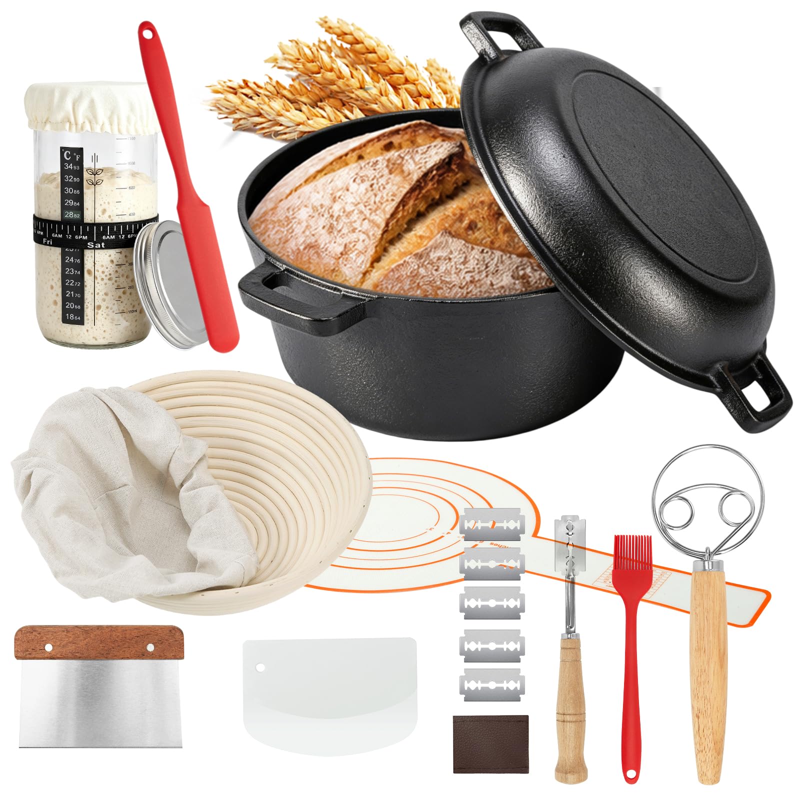 Gusseisen Topf Brot Backen 26cm mit Sauerteig Starter Set | Brotbackset Sauerteig inkl. Gärkörbchen aus Rattan(25cm rund), Gärglas & Zubehör – Brotbackform mit Deckel(Dutch Oven)