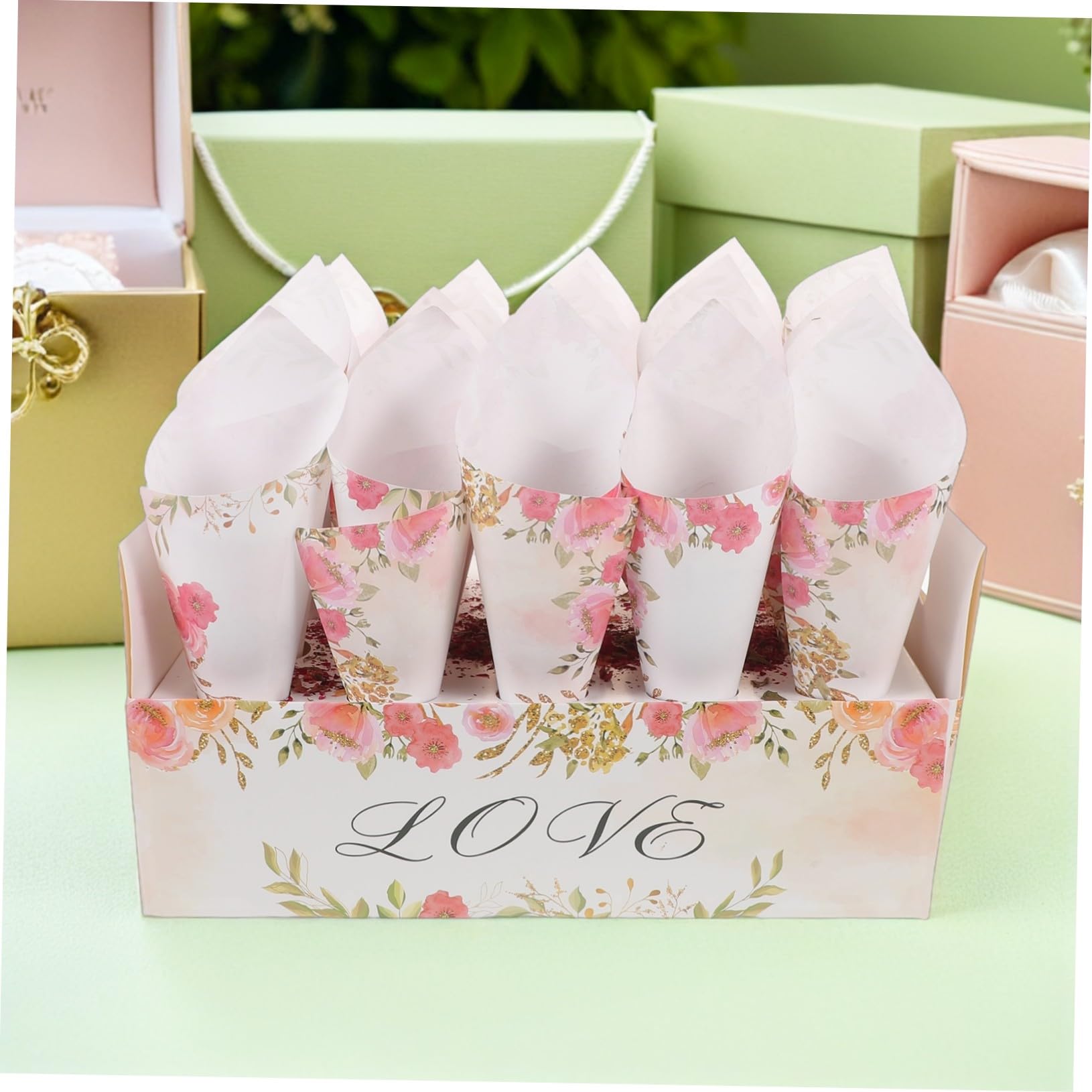 Hochzeitskonfetti Tüten Satz mit Tablett und Kegelhalter für Tischdeko