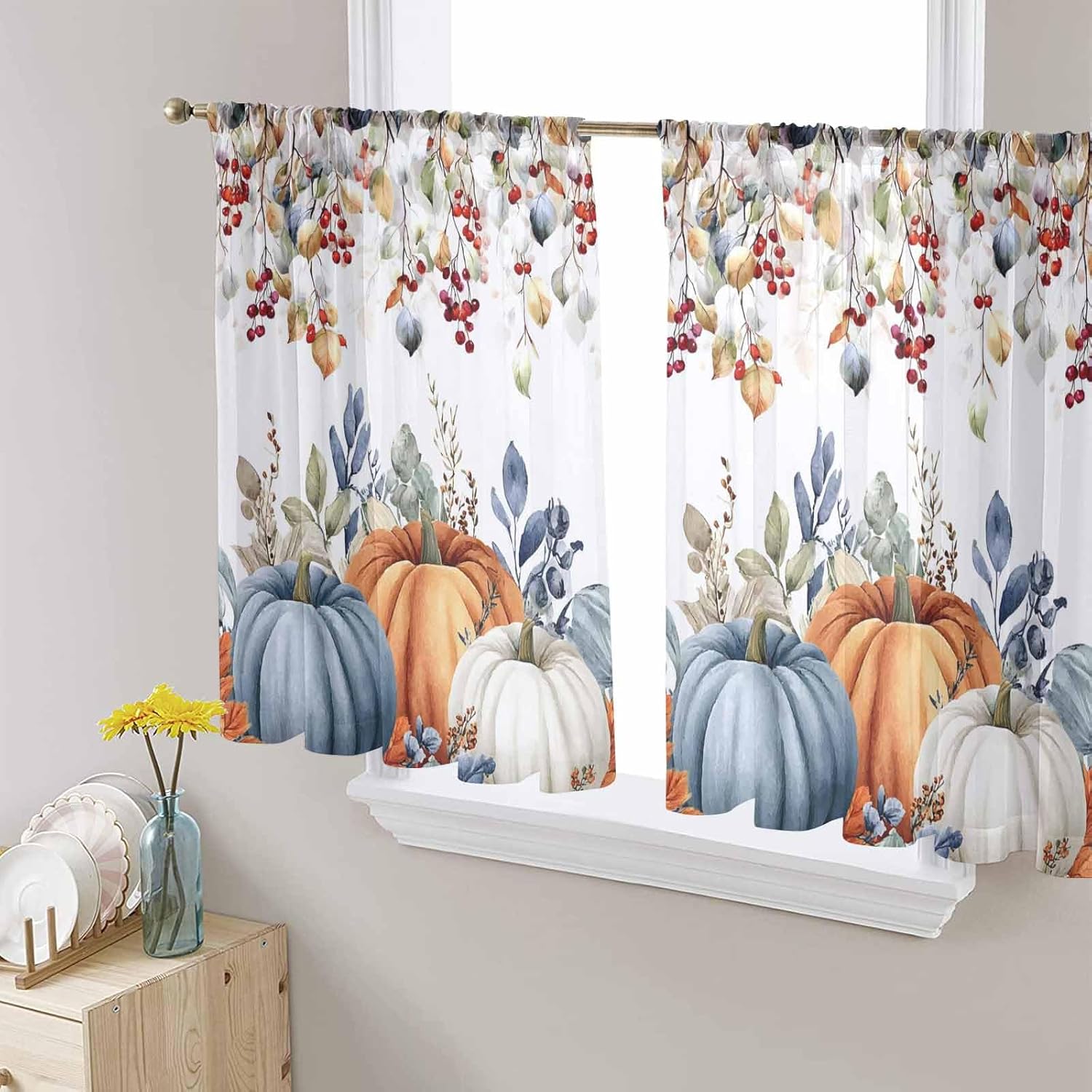 Thanksgiving Sheer Curtains 54 Inches Length 2 Panels Set Chiffon Curtain Sheers for Living Room, Fall Orange Blue Pumpkin Eucalyptus Leaves Rod Pocket Window Drapes Sheer Privacy Curtains Panels