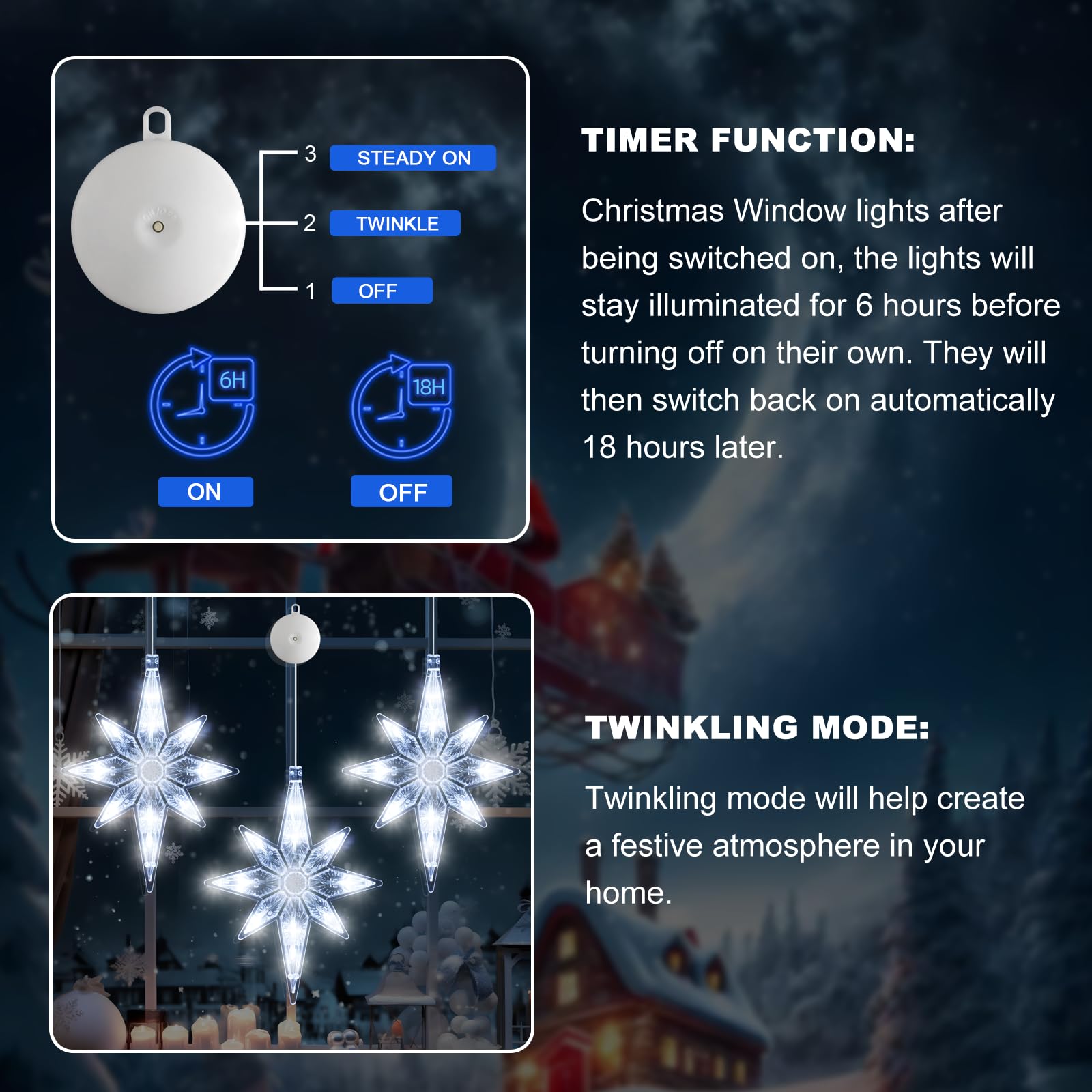 LYUBASA 3 luces de Navidad para ventana con temporizador, funciona con pilas, para colgar en la ventana de Navidad, luz blanca, lámpara LED en forma de estrella de la suerte para árbol de Navidad,