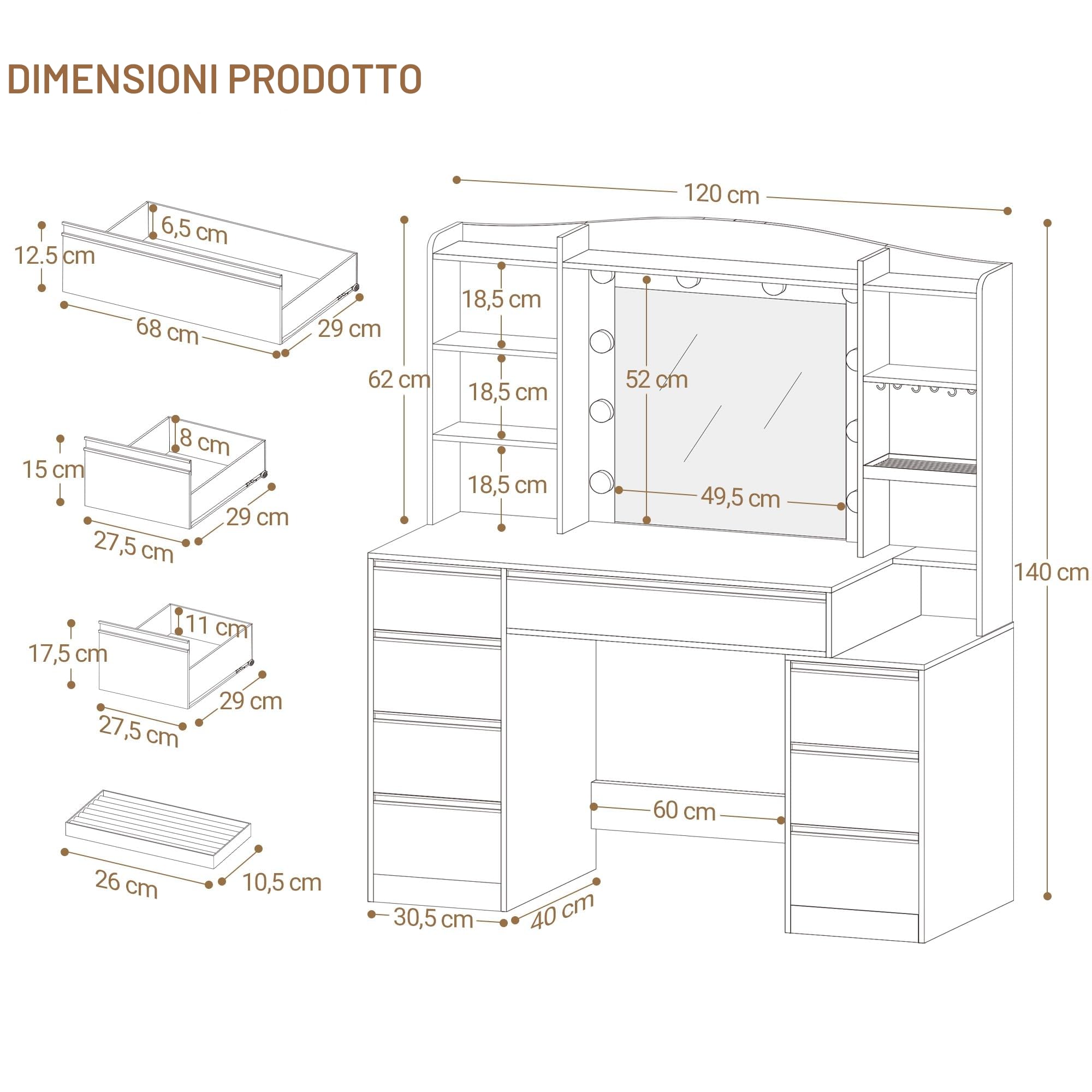 Hzuaneri 120 cm Toeletta da Trucco con 8 cassetti, Grande Specchio con Illuminazione LED RGB, Luminosità Regolabile, Contenitore per Gioielli Integrato, Piano di Lavoro Largo con Comodino, Bianco