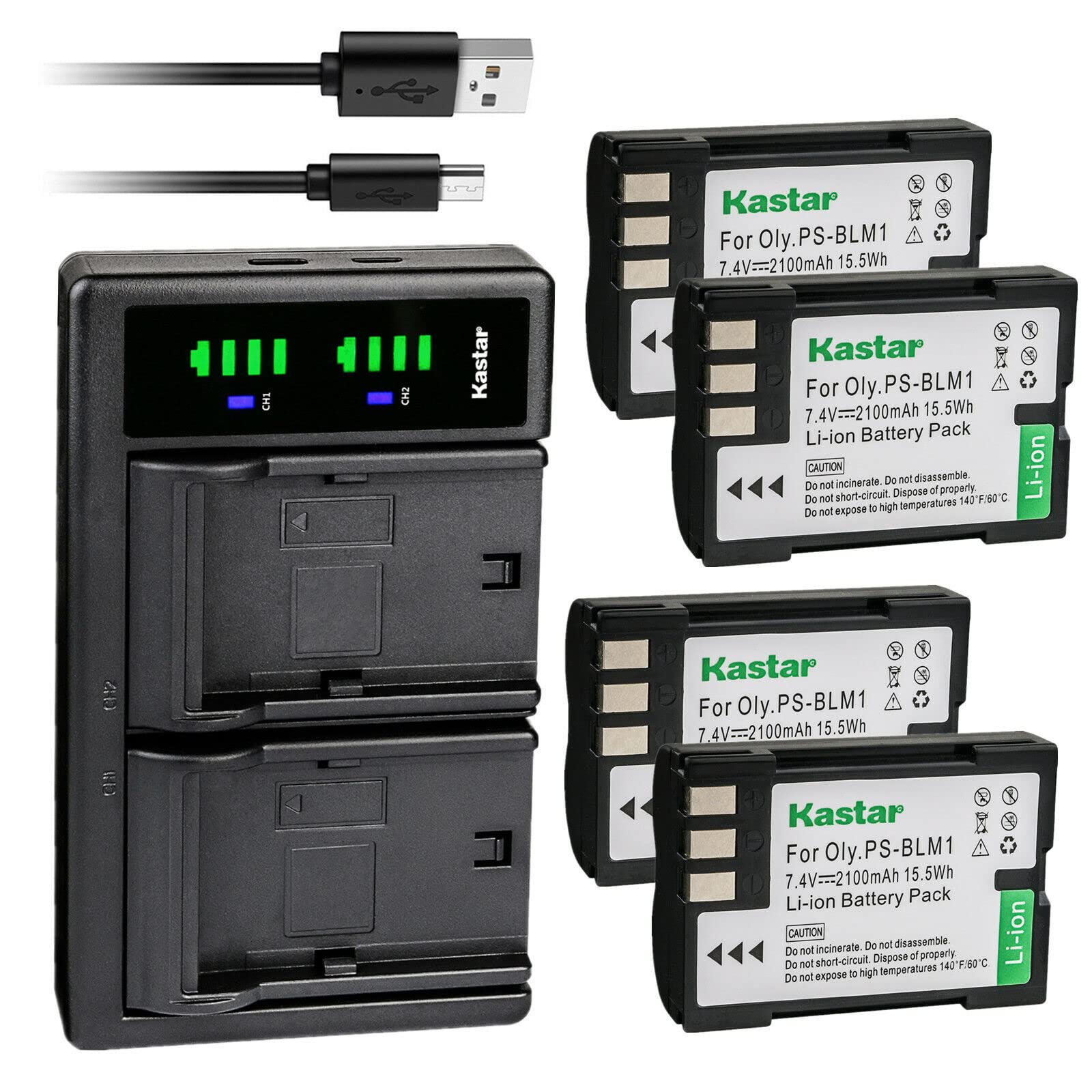 Kastar 4-Pack BLM-1 Battery and LTD2 USB Charger Replacement for Olympus BLM-1 BLM-1S, BLM-01 BLM01, PS-BLM1, BCM-2, Olympus HLD-2 Battery Grip, HLD-4 Battery Grip, Olympus E3, E520, E300, E330