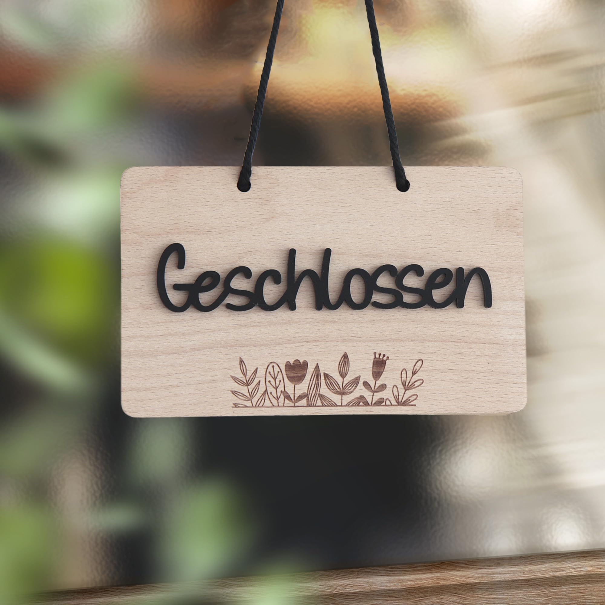 Offenes Schild für Geschäfte, Geschäfte, Geschäfte, Restaurants in Holz mit Saugnapf auf Deutsch