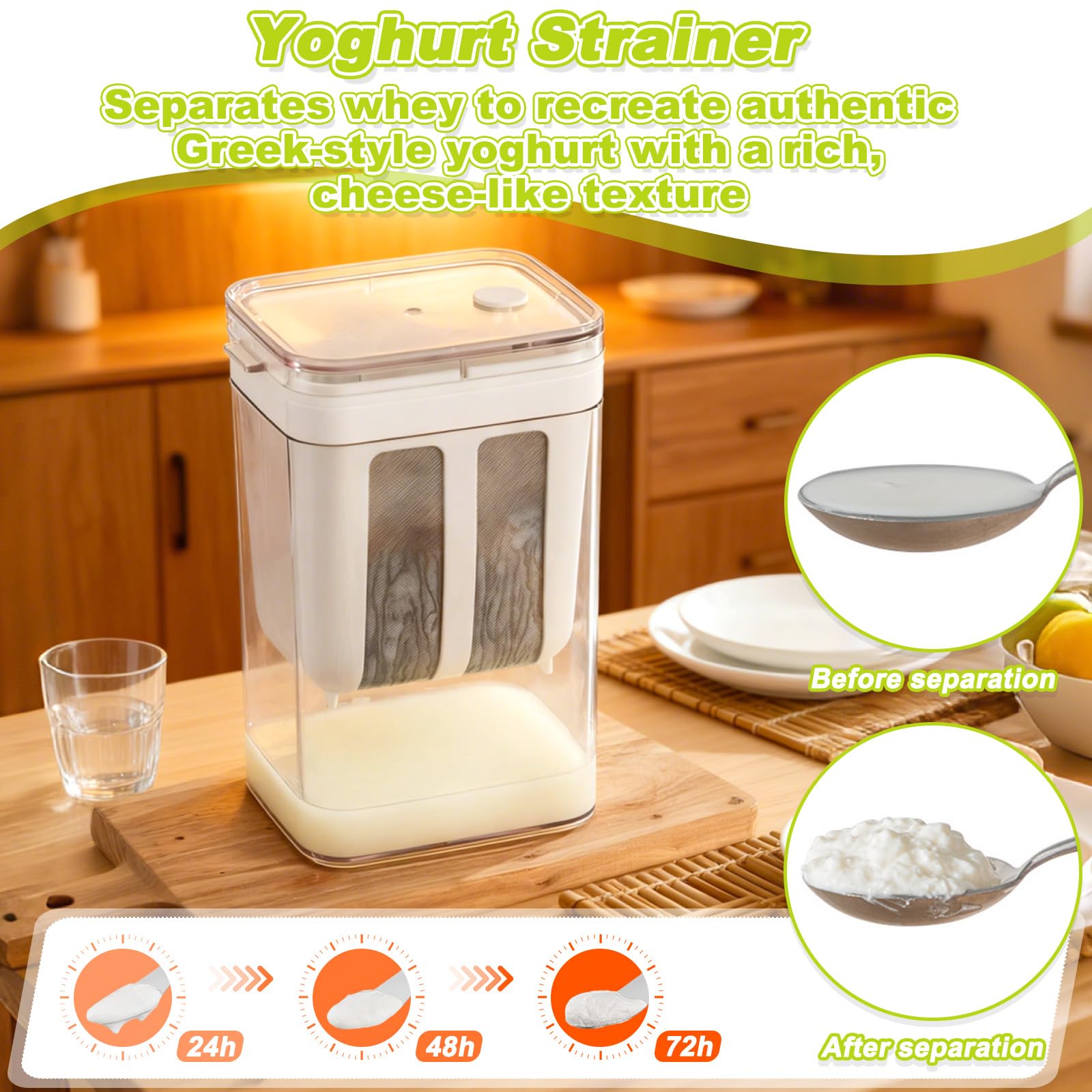 Colino Yogurt Greco con Rete Maglie Fine e Coperchio, Separatore Siero Acciaio Inossidabile 1100ml, Erogatore Yogurt Filtro Latte Yogurtiera Macchina Fltro Riutilizzabile per Soia Succhi Filtrare